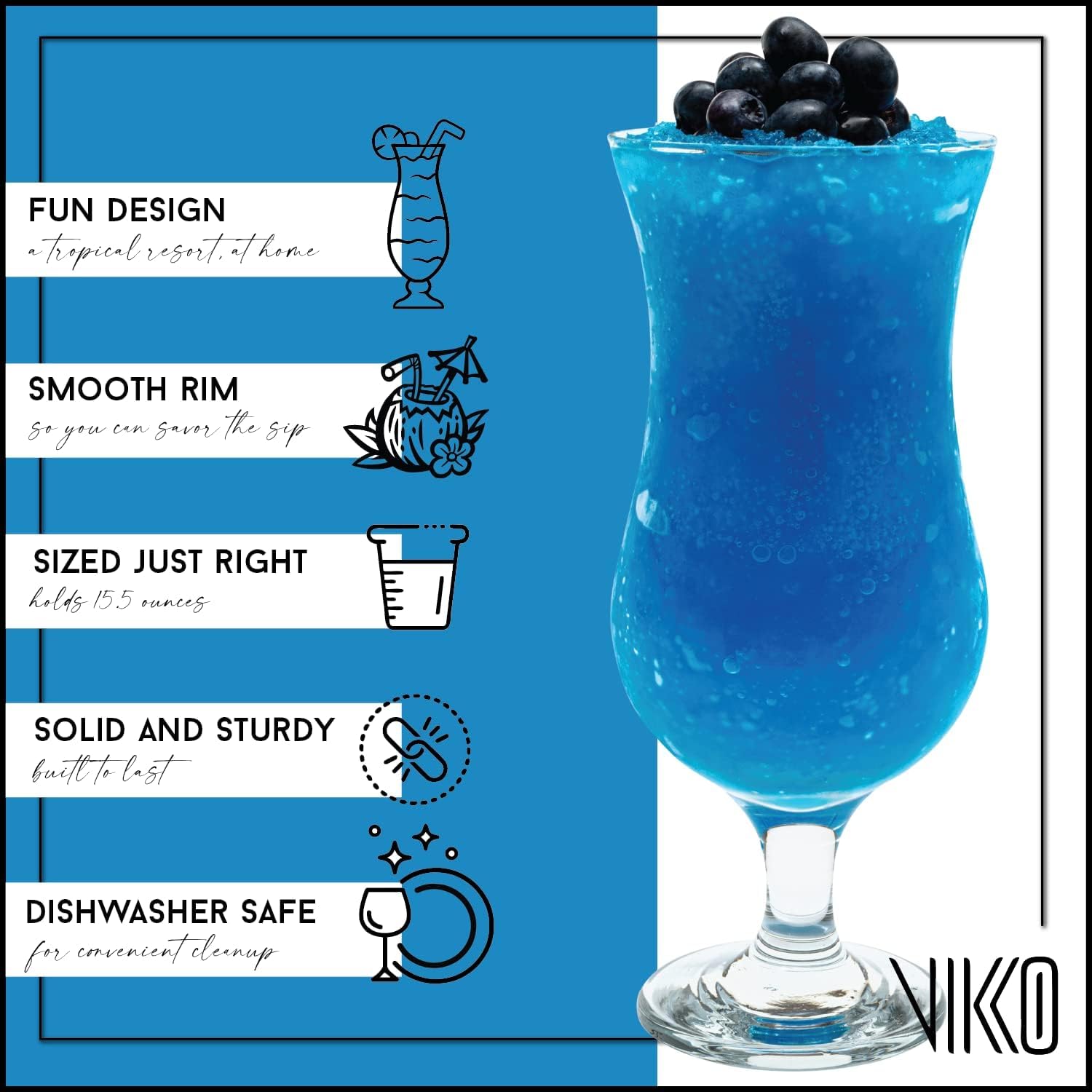 Vikko Hurricane Glasses, Set of 4 Pina Colada Glasses, 15.5 Ounce Cocktails Glasses Set, Durable Dishwasher Safe Party Glass