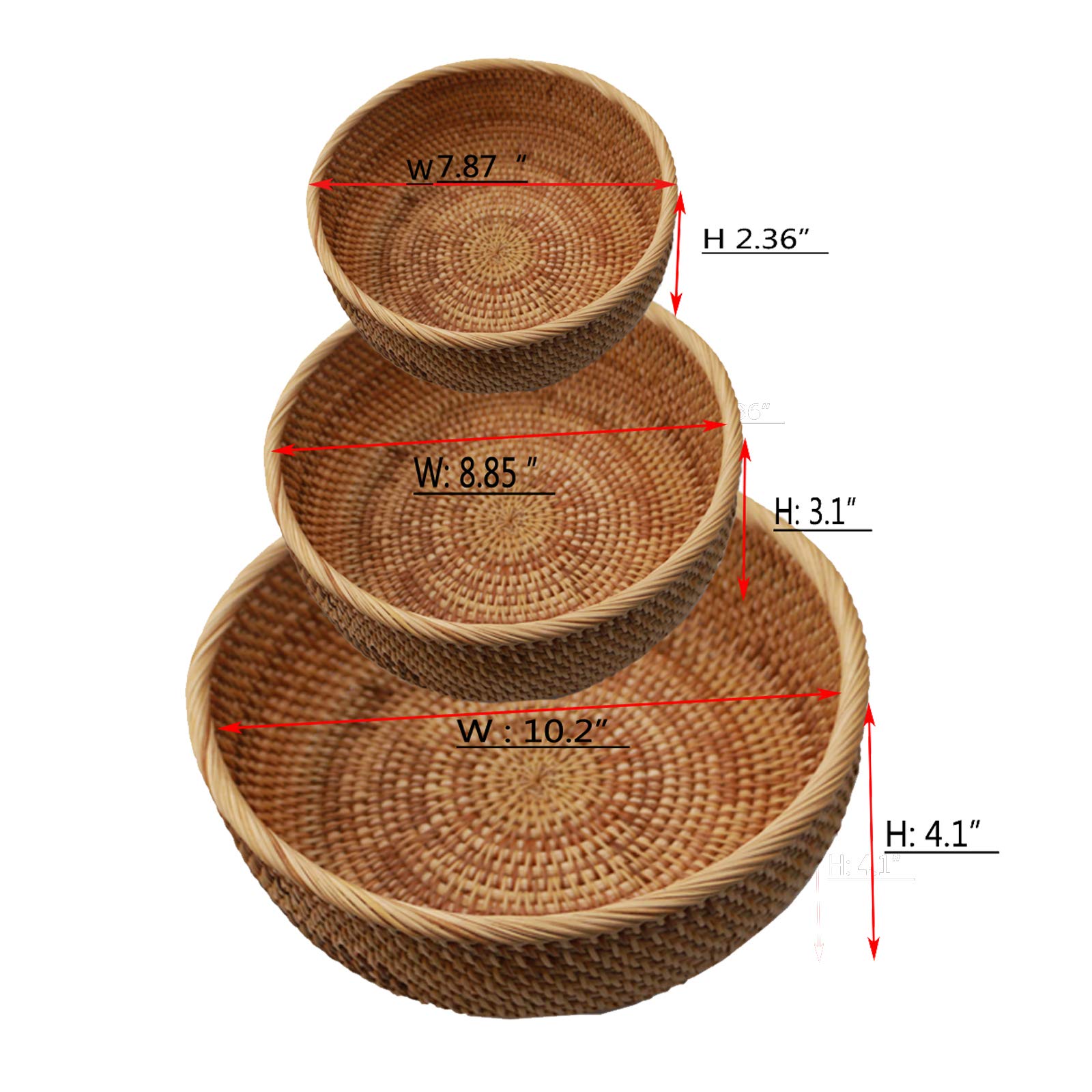 Bread Basket,Handmade Woven Rattan Storage Basket Round Bowl Shape for Fruit Chips Rolls,Set of 3 Size (RoundBowlSuit1x3)