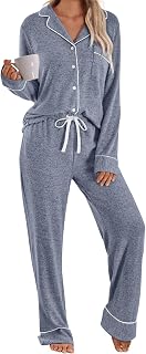 LILLUSORY Women's Cozy Long Sleeve Pajama Set: Soft V-Neck Button-Down Top & Drawstring Wide-Leg Pants with Pockets