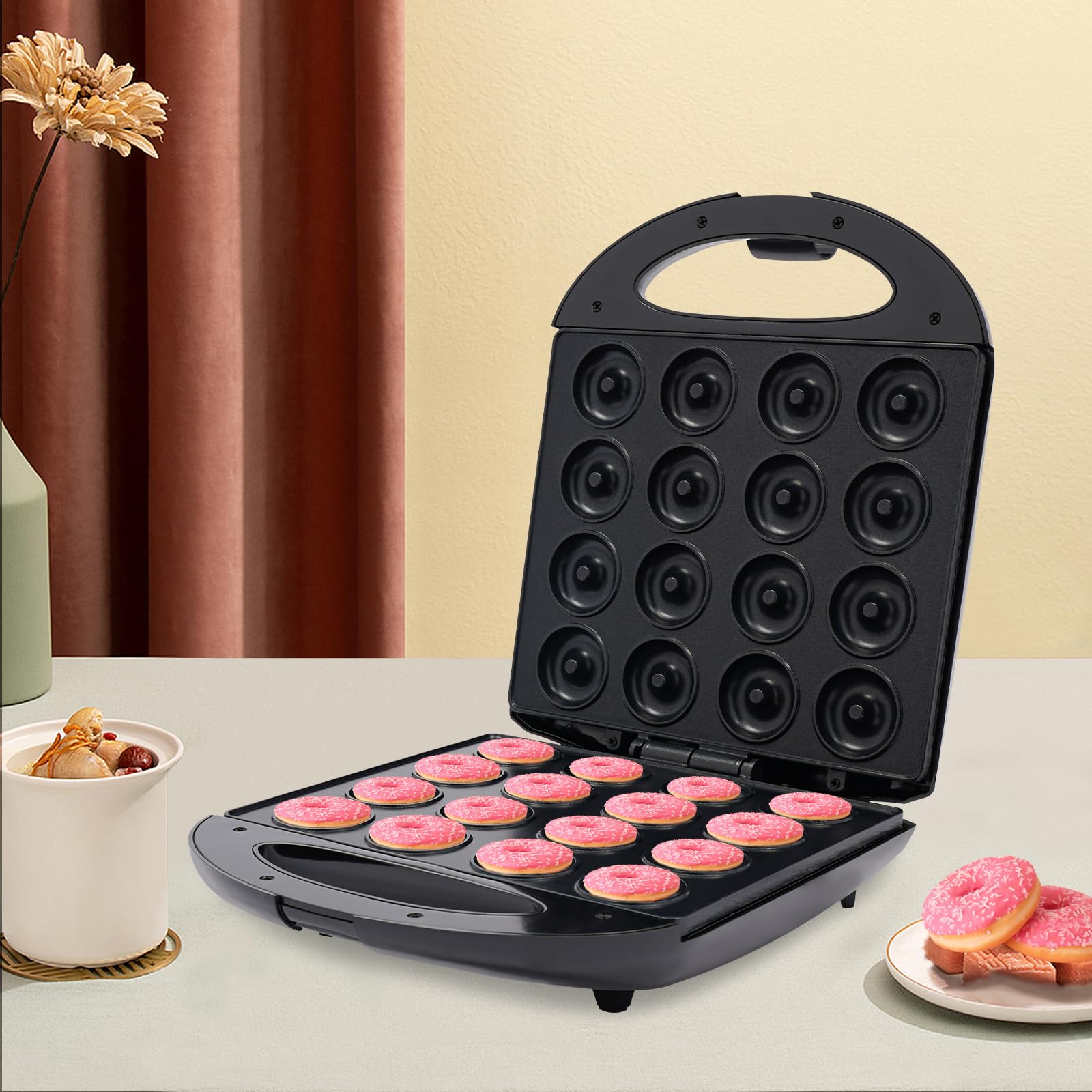 Appareil à Donuts 1400W Diamètre du Donut 4.5cm Mini-machine à Donuts pour 16 petits Donuts Revêtement Antiadhésif pour Maisons, Boulangeries, Magasins de Desserts, Restaurants