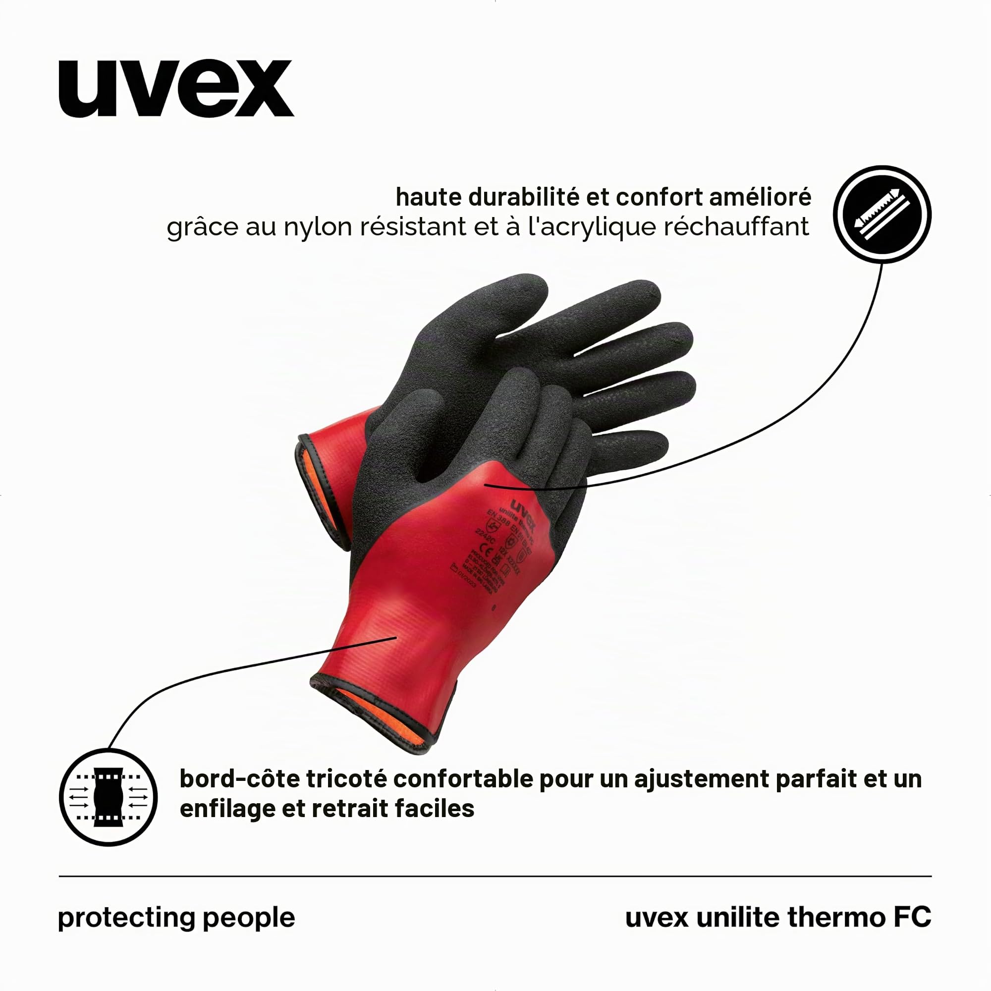 Uvex unilite thermo FC Gants de protection contre le froid - Gants d'hiver pour environnement humide/huileux - Chauds et doublés - Rouge/noir - 08/M