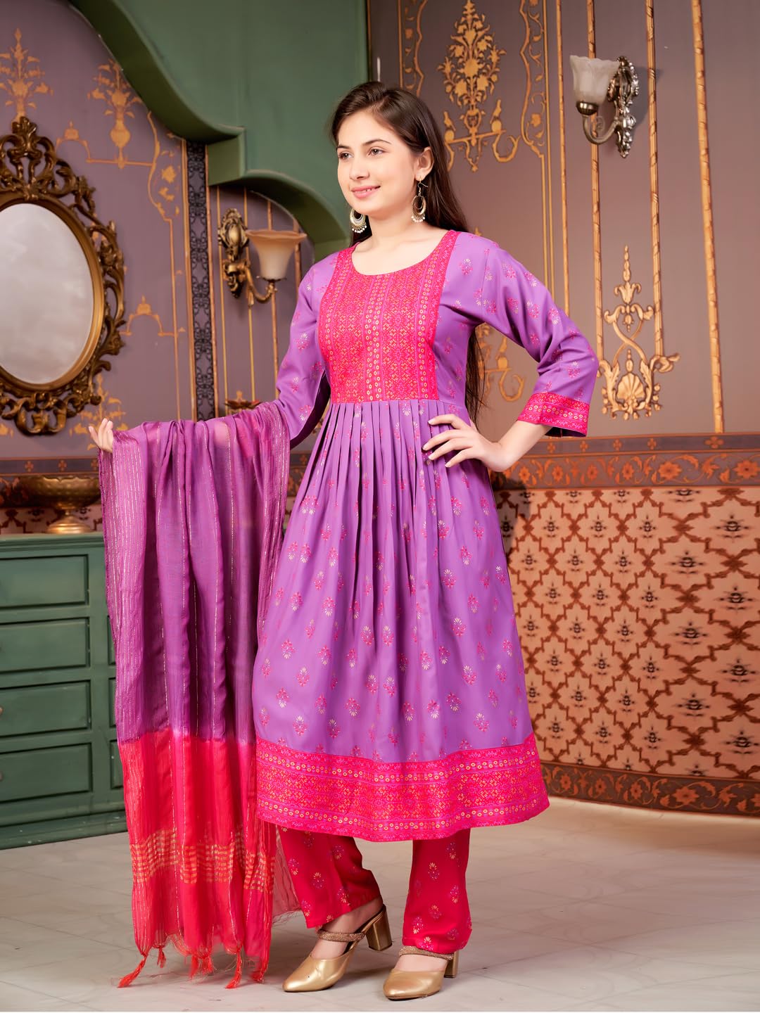 Aarika Girls Ethnic Wear Purple-Rani Colour Foil Print Rayon Kurti-8-15 Years (Kurti-Ap-802)