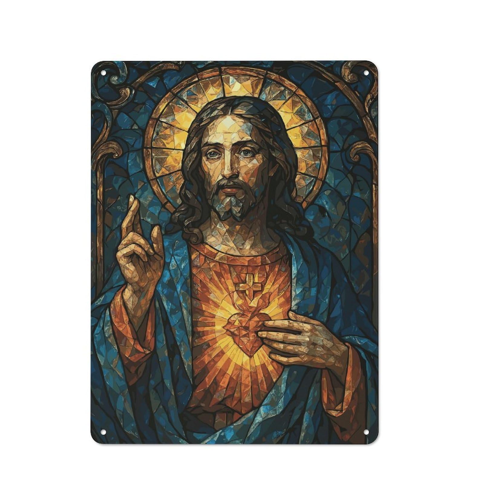 Junmoney Stained Glass Jesus Christ Portrait 40X30cm Rustic Tin Sign With For Dining Room Or Kitchen, A Decorative Metal Sign For Kitchens And Dining Spaces