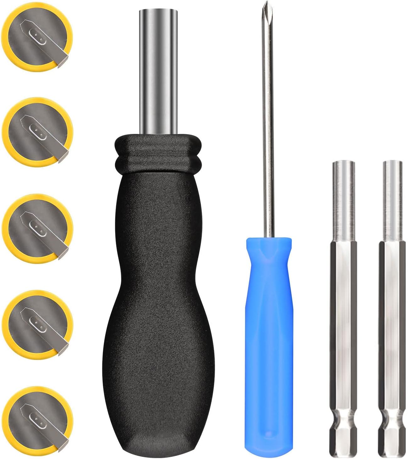 CR2032 Button Cell Battery, 5 Pack CR2032 Tabs Batteries Bundled with 3.8 mm & 4.5 mm Screwdriver Game Bit Tool Set for NES, SNES N64 Games, Batteries Individually Package