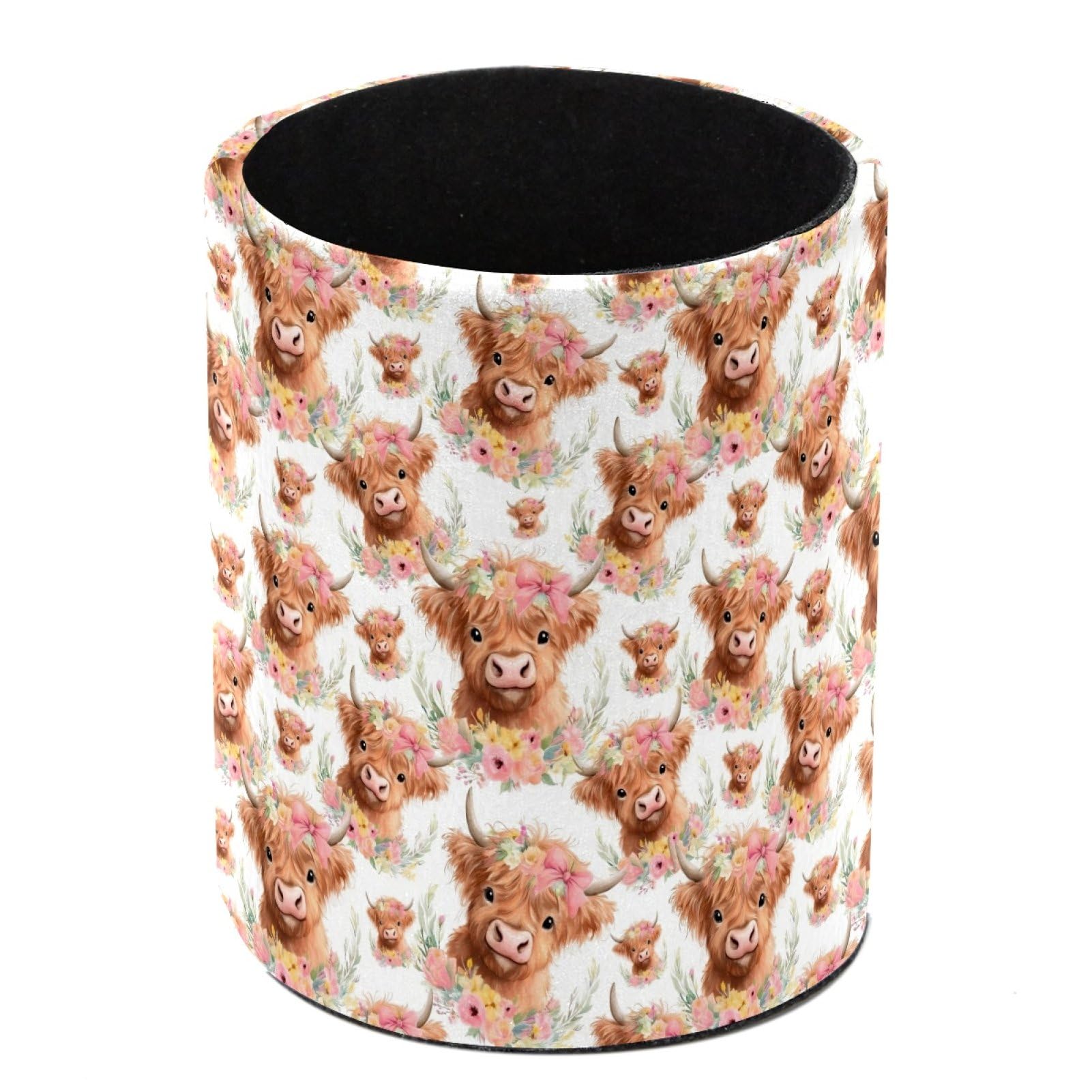 HEOEH Highland Cow Floral Pen Holder for Desk, PU Leather Pencil Holder Pen Cup Marker Holder Makeup Brush Holders, Desk Accessories & Workspace Organizers for Home, Office
