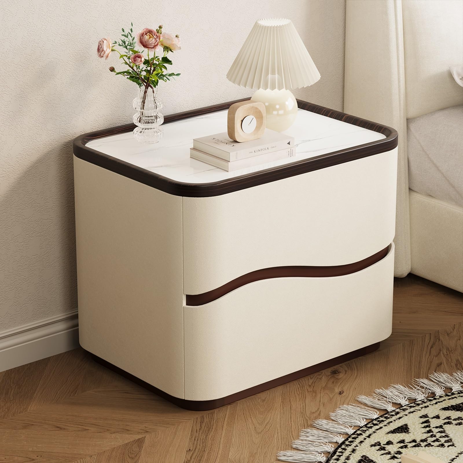 SXZenSpace Bedside Table with 2 Drawer, Solid Wood Nightstand Slab Tabletop Modern Night Stand Wooden Furniture for Bedroom(White,40x40x50cm)