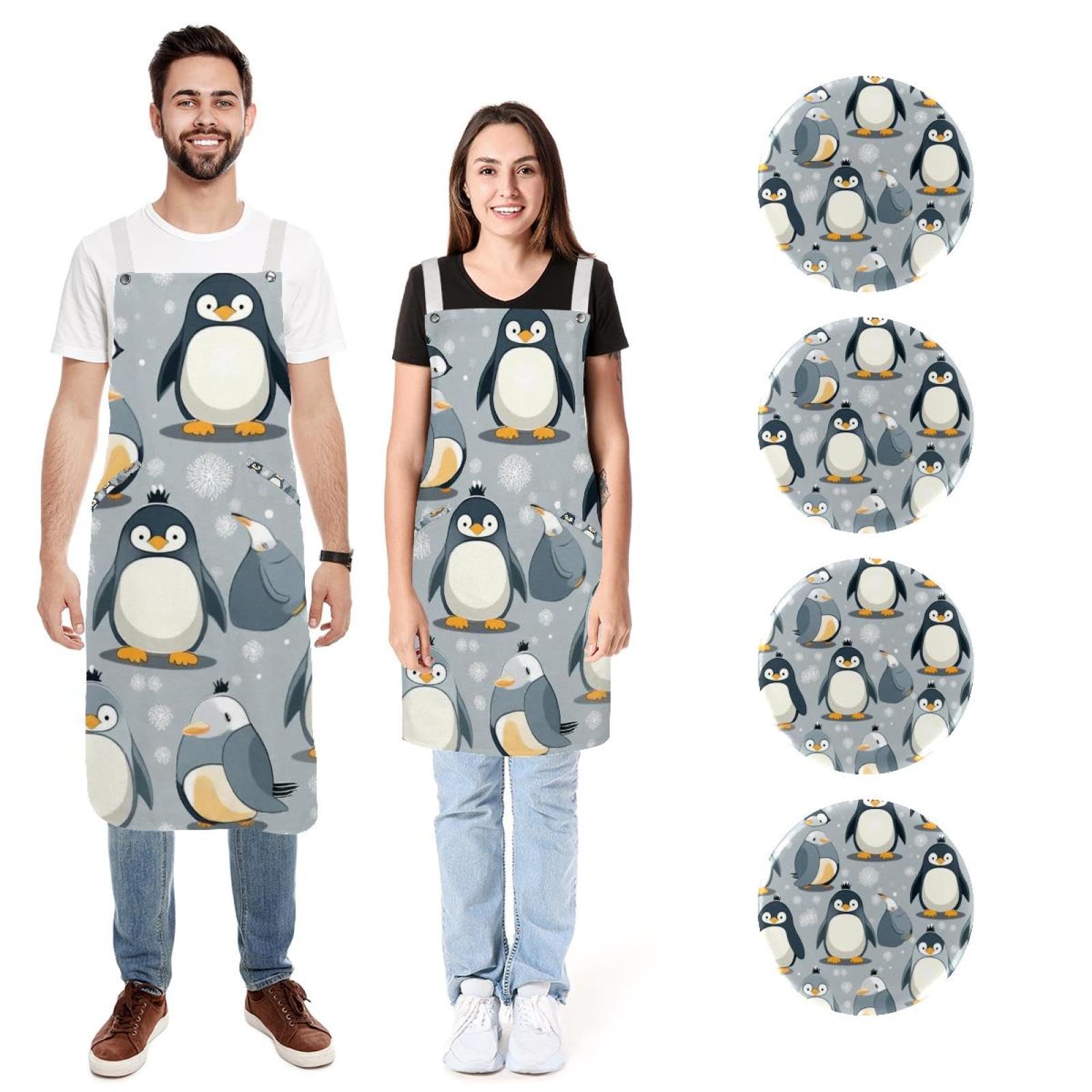 Lot de 2 tabliers de cuisine avec badge rond, mignon petit pingouin, résistant à l'eau avec 2 poches, tabliers de cuisine pour homme et femme, Joli petit pingouin,
