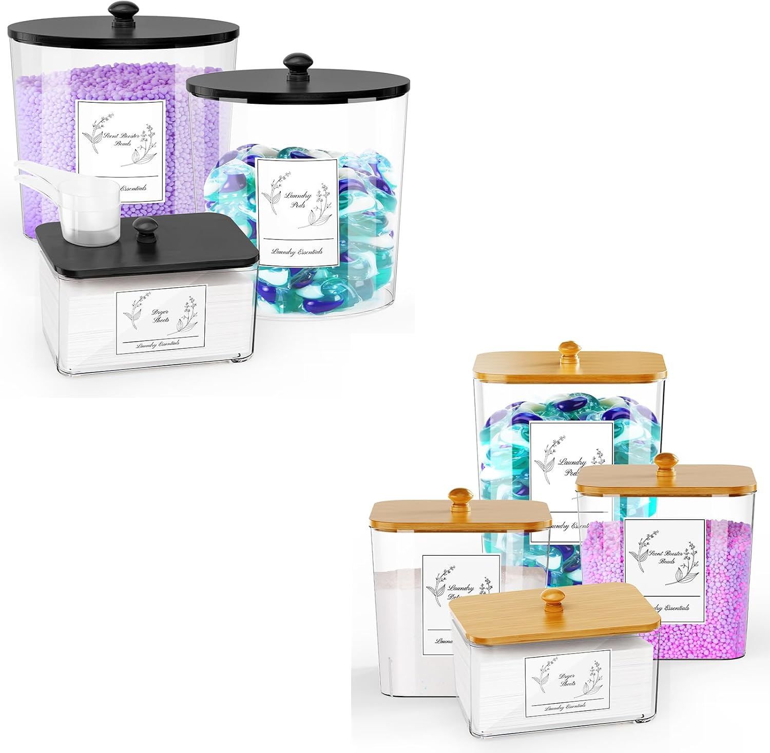 COAZEX 7 Pack Plastic Laundry Pods Container & Dryer Sheet Holder, Laundry Room Organization and Storage Jars with Lids, Scoops & Labels for Detergent, Powder