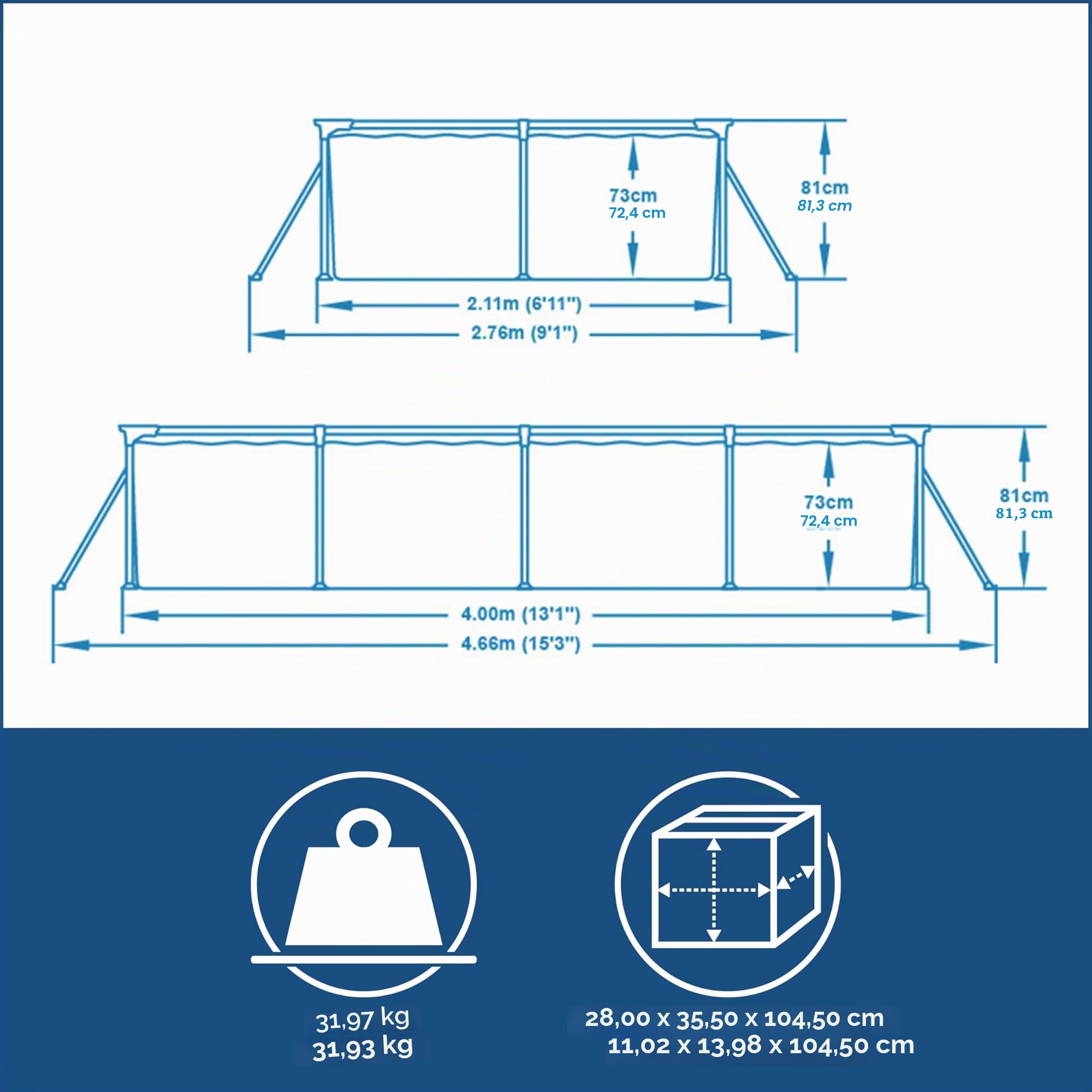 Bestway Steel Pro Frame Piscine carrée sans Pompe en Acier Bleu 300 x 201 x 66 cm 56404