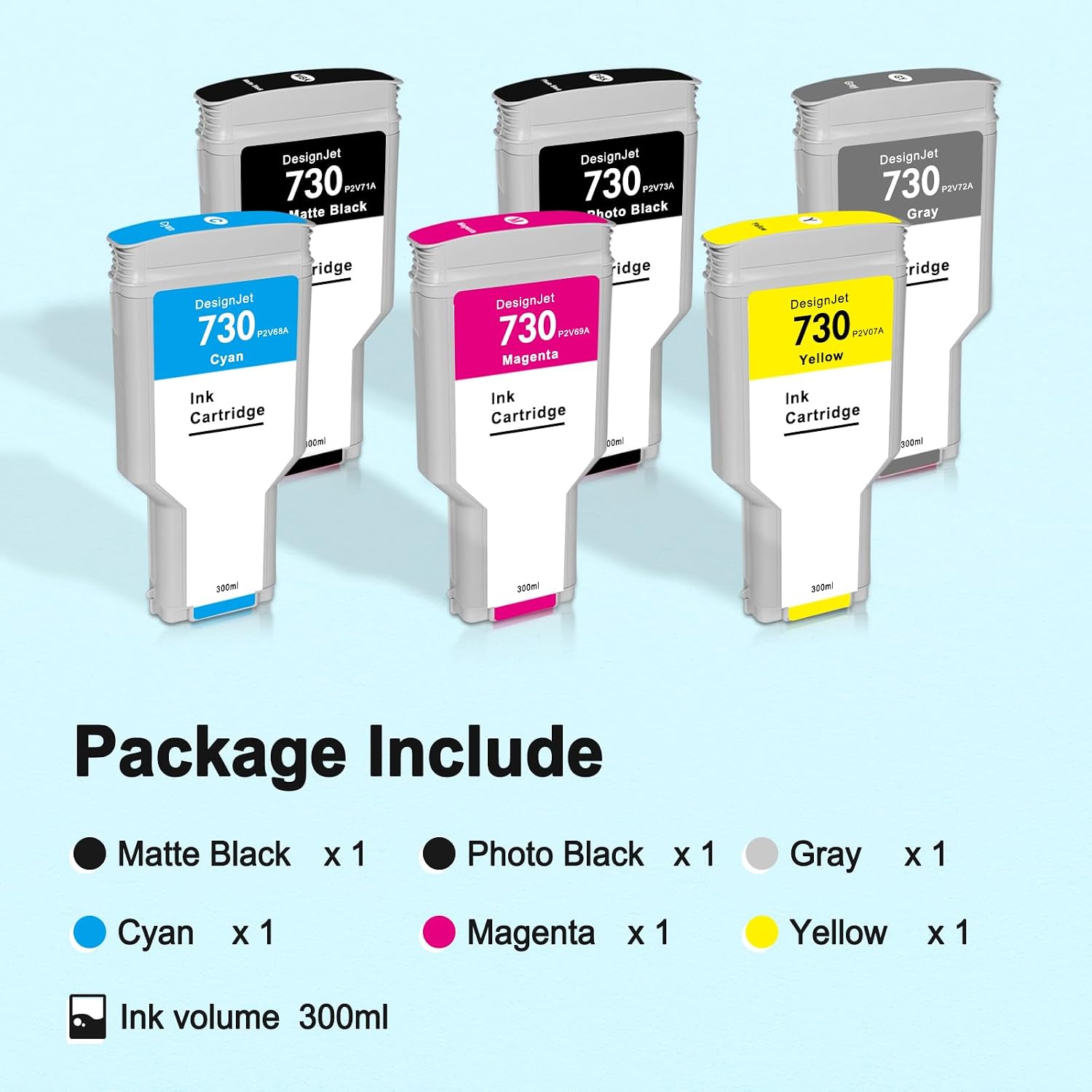 730 Ink Cartridge Set Replacement for HP 730 P2V68A P2V69A P2V70A P2V71A P2V72A P2V73A for DesignJet T1600 T1700 T2600 Printers (6-Pack, 300ml)