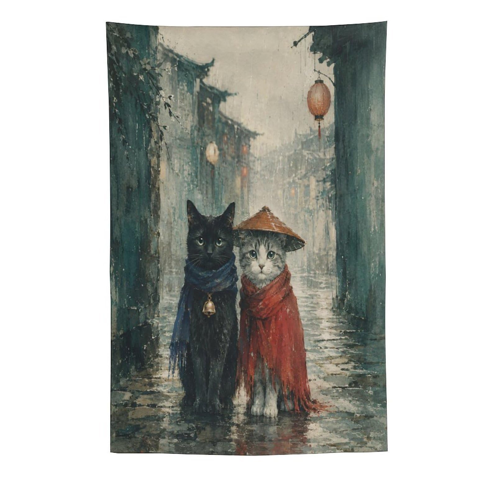 H3B8U2Y5 Rainy Street Cat Pair Wall Tapestry, Whimsical Animal Art