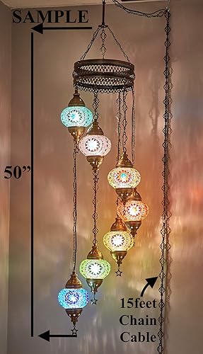 Miniatura 3 de DEMMEX Lámpara colgante de techo Tiffany de 7 globos con mosaico turco marroquí bohemio Tiffany con cadena de cable de 15 pies y enchufe, 50