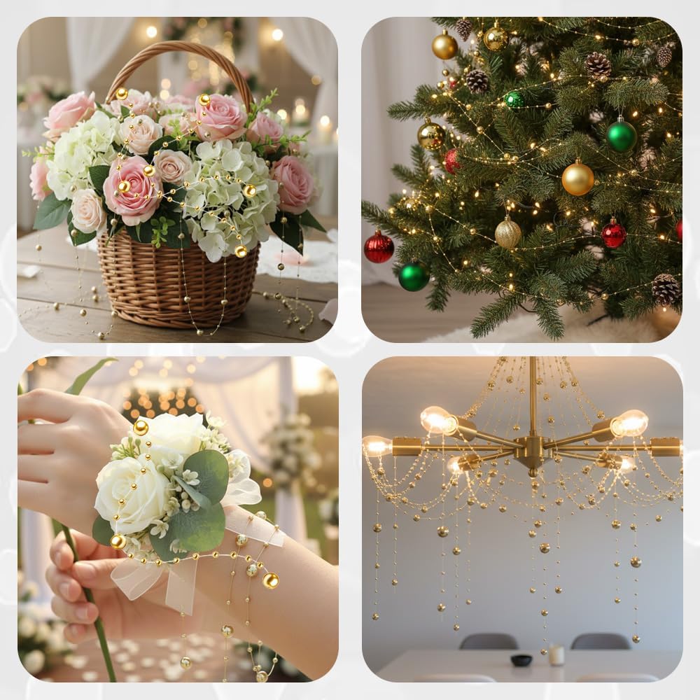 2 Rolls 196 Feet Pearl Beads String Garland Fishing Line Gold Faux Pearl Garland Beads Chain Ornament Roll for Wedding Party Crafting Decoration Christmas Tree DIY Supplies