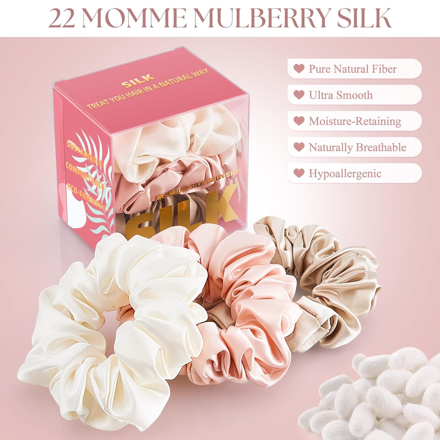 PILAVA 100% Mulberry Silk Scrunchies, 3 Pack 22 Momme Large Silk Hair Ties for Women, Oversized No Crease Ponytail Holders for Thin or Fine Hair, Soft Gentle Hold for Sleeping & Night Care, Gift Set
