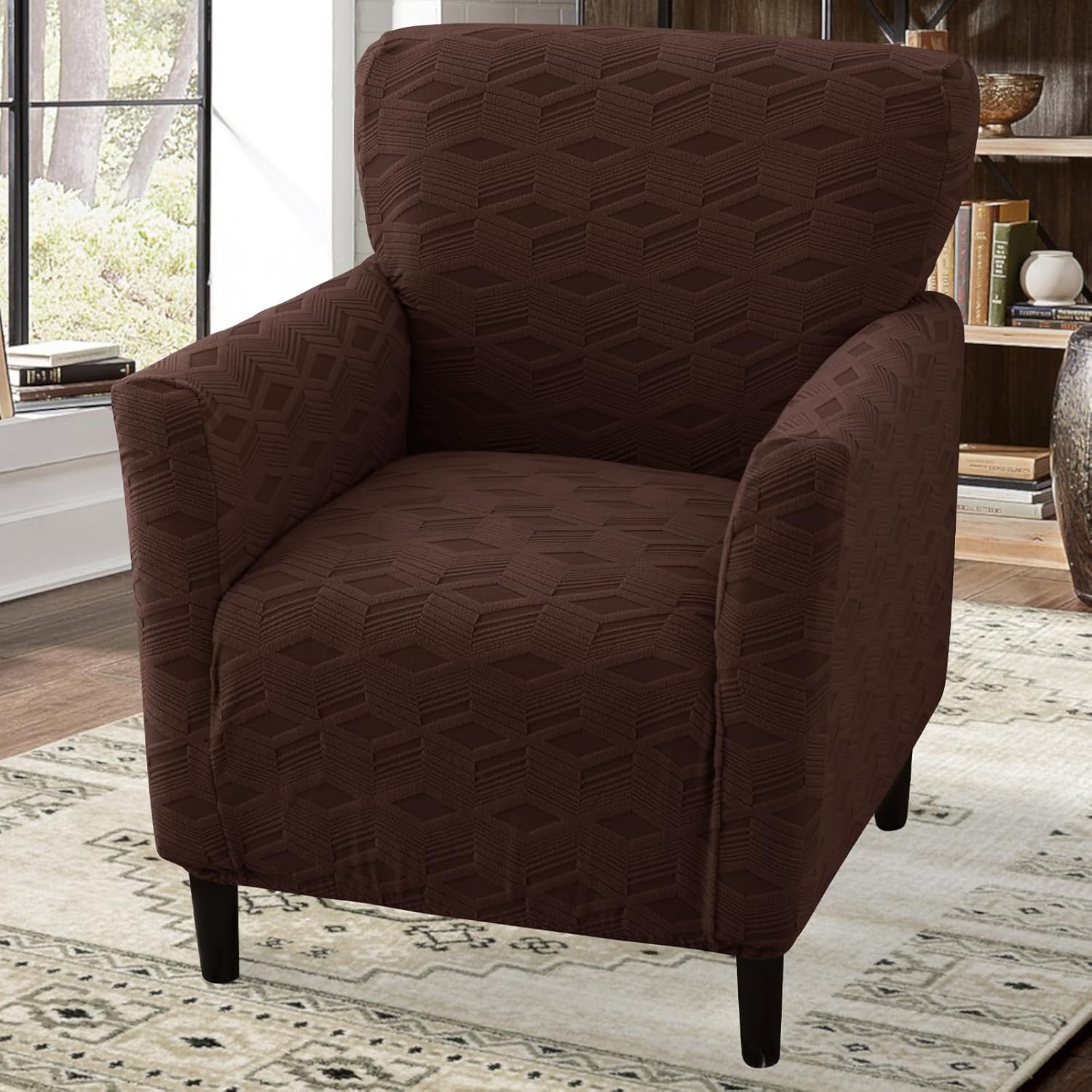 Stretch Modern Banquet Armchair Slipcover 1-Piece Accent Chair Covers with Arms Soft Chair Slipcovers for Living Room Armchair Furniture Protector Office Reception Reading Sofa (Dark Brown)
