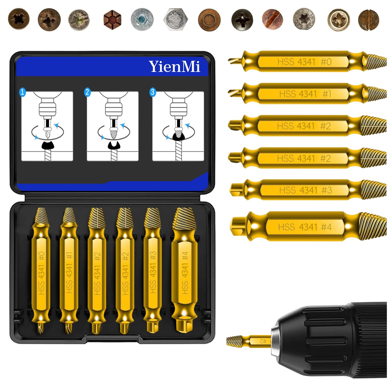 Schraubenausdreher Set 6 Stück, Hergestellt aus HSS 4341, Beschädigte Schraube Entferner Extraktor Set, Extraktor zum Entfernen fester & beschädigter Schrauben, Gold