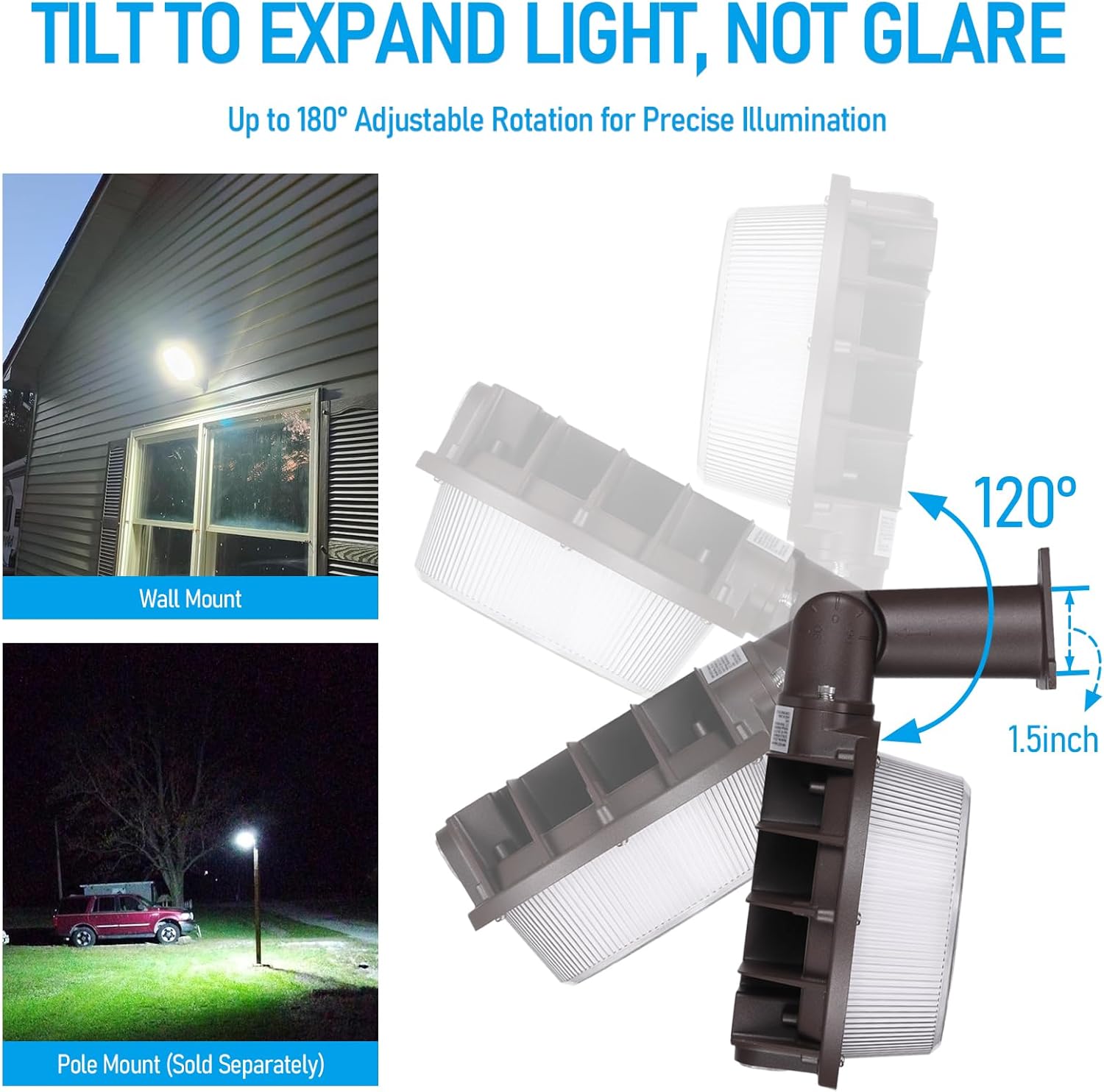 Image showing the adjustable light head and examples of wall and pole mounting