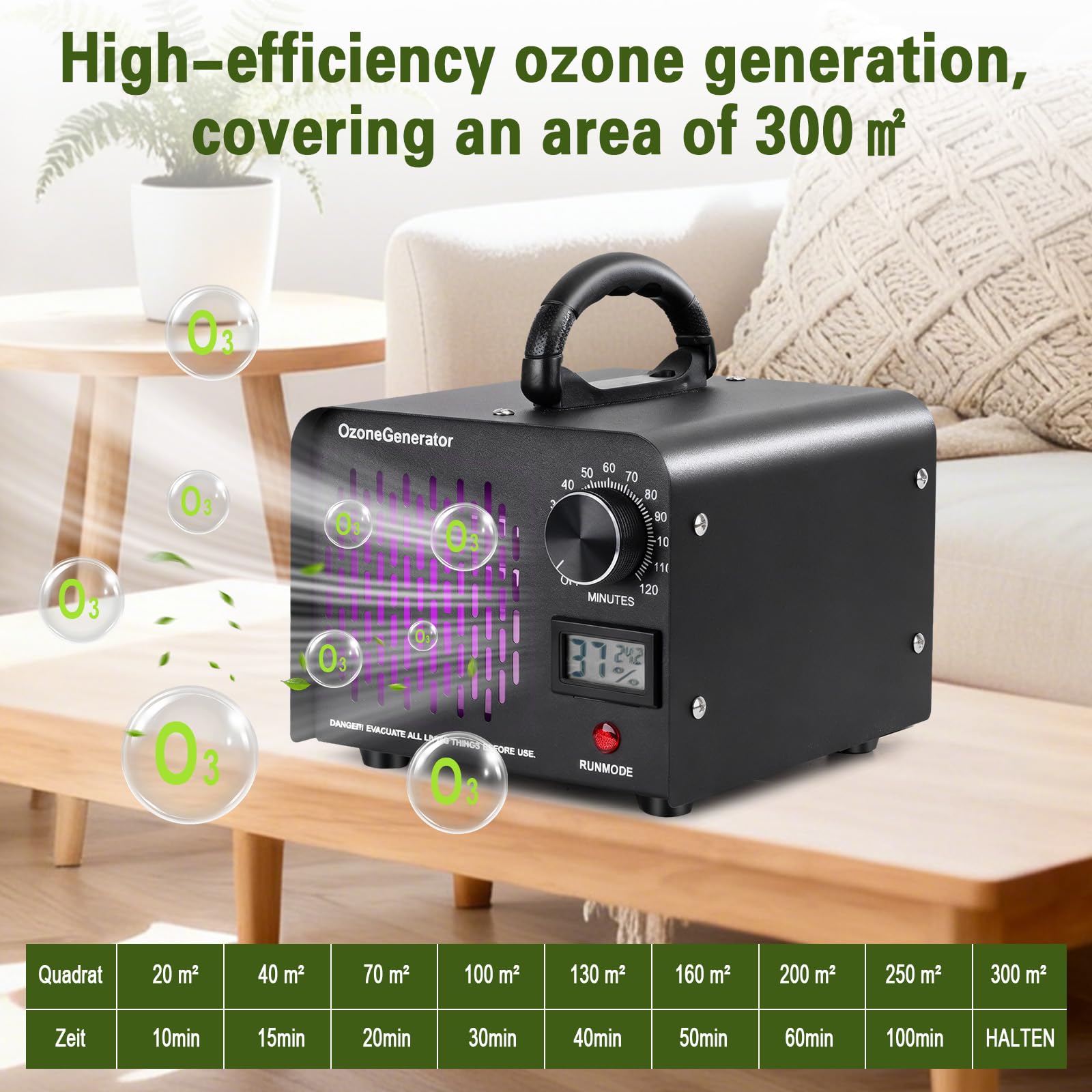 Generatore di Ozono, Ozonizzatore per Ambienti 60000mg/h, Purificatore d'Aria Deodorante per 300㎡, Timer 120 Min, Macchina Ozono Alta Capacità O3, Ozonizzatore per Casa Ambienti, Auto, Uffici