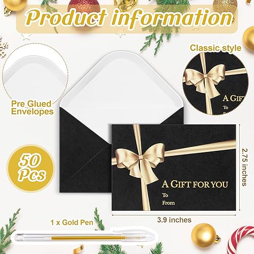 Vista 2 de Glenmal 50 sobres para tarjetas de regalo de Navidad con soporte para tarjetas de lazo dorado, sobres de negocios con bolígrafo de tinta dorada