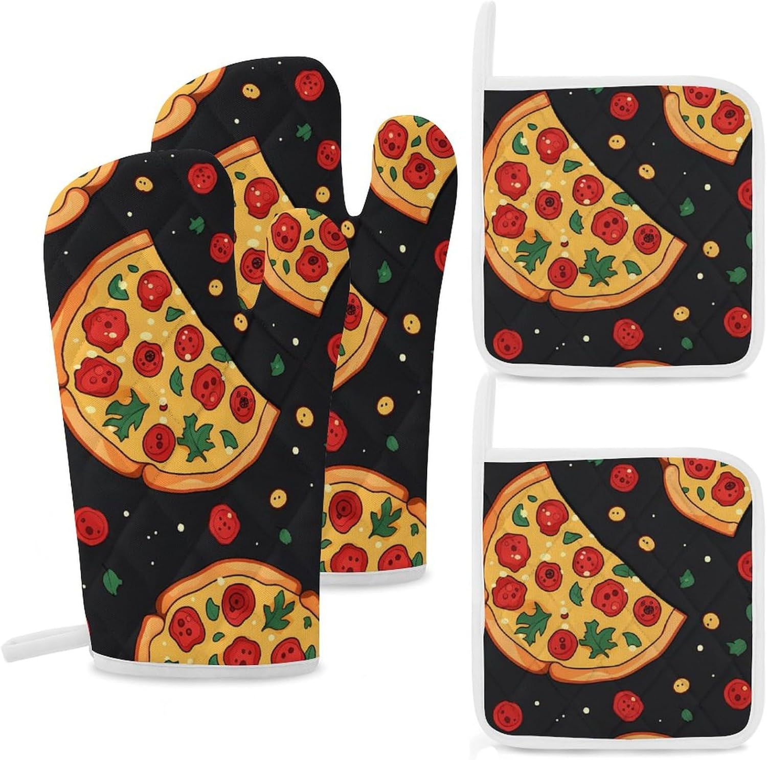 Food Pizza 4 Pcs Oven Mitts and Pot Holders Set High Heat Resistant Long Kitchen Oven Glove Potholders