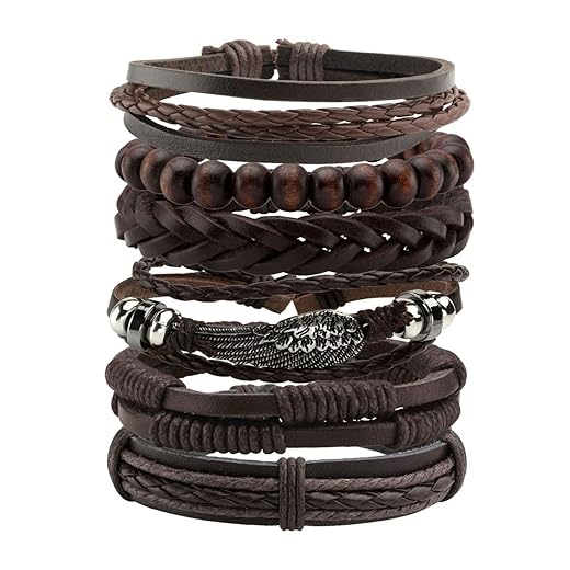 Manfnee 6-12PCS Braided Faux Leather Bracelet Punk Cuff Wrap Bracelets for Men Women Adjustable