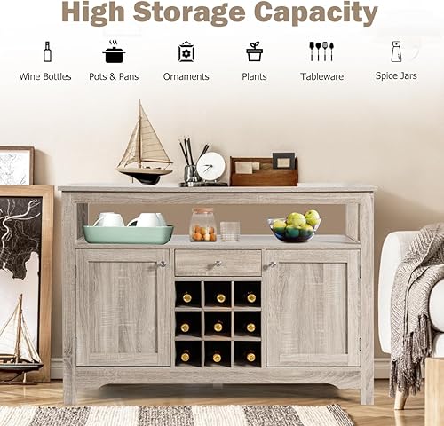 Miniatura 5 de IFANNY Armario de buffet, mesa de café de granja con puertas y cajón, armario de licor con estantes para vino, buffets de madera y aparadores,