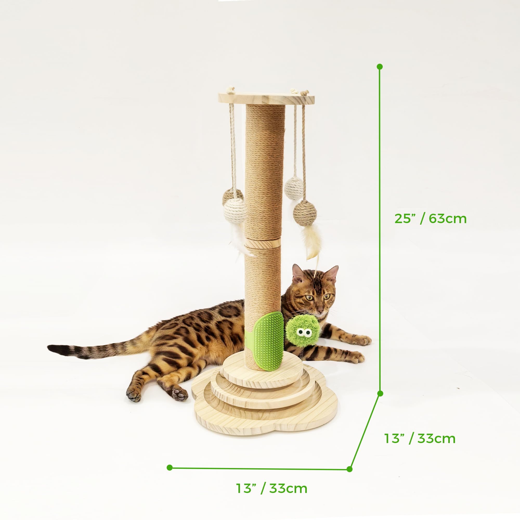TINYBEAST Kratzbaum aus Holz, 4 in 1 Katzenkratzspielzeug mit Katzenballschienen, 63 cm hoher Sisal-Kratzbaum für Indoor-Kätzchen, erwachsene Katzen, interaktives Federspielzeug und 4 Sisal-Bälle zum