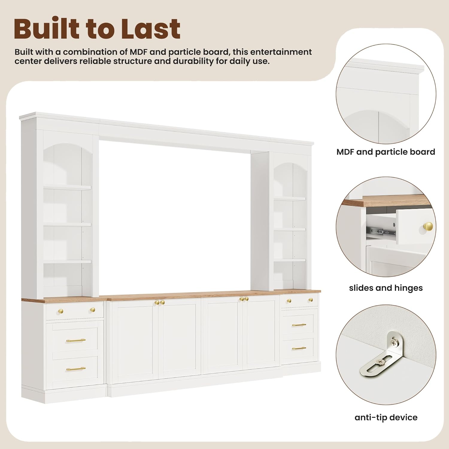 LUMISOL Large TV Stand for TVs up to 70", Farmhouse Entertainment Center with Side Cabinets, Arched Wall Unit with Bookshelf, 106.3" Media Console with 2 Drawers, for Living Room, White
