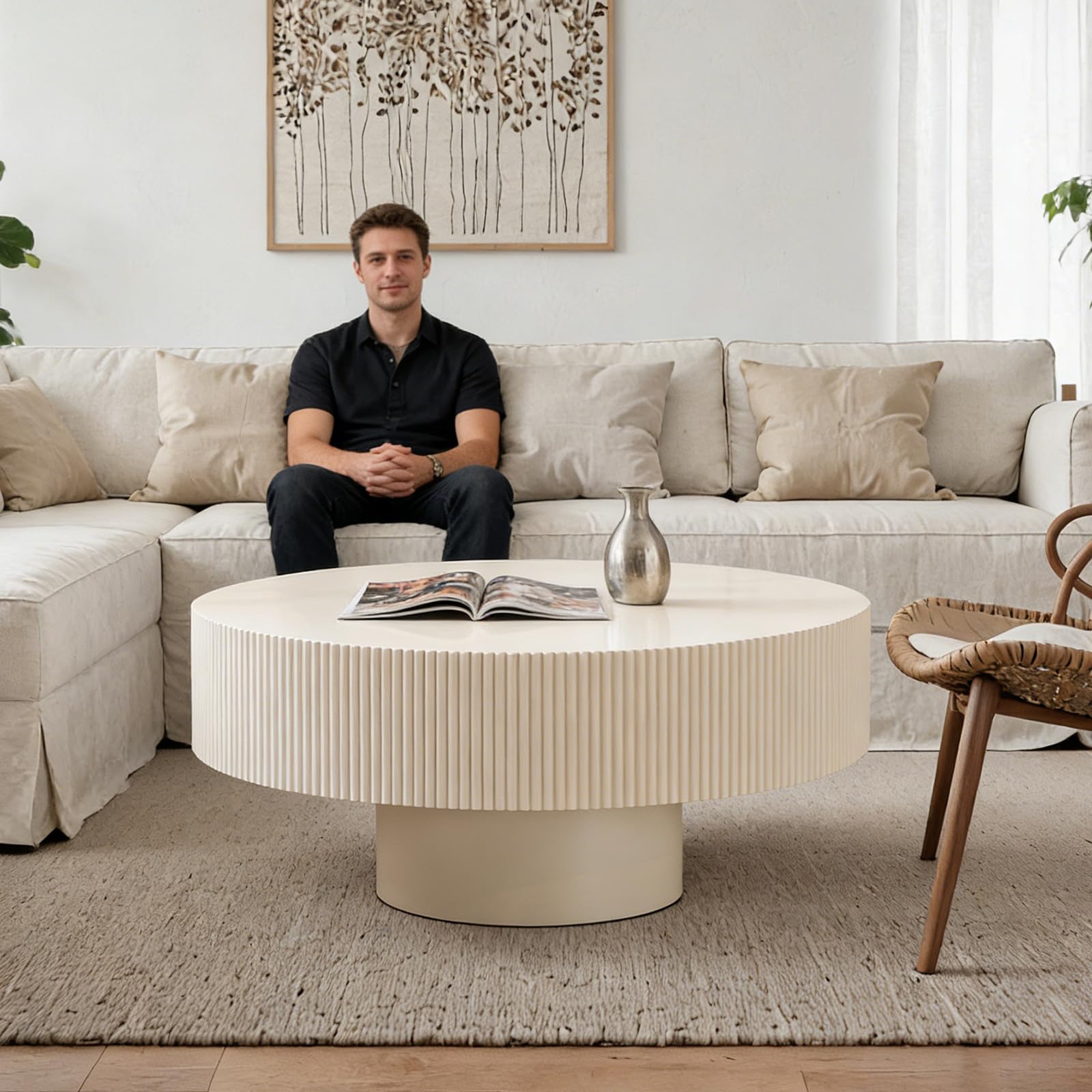 FeiZhiYanS Accent Drum Fluted Round Coffee Table, Unique Fluted Drum Coffee Table, Contemporary Minimalist Modern Solid Wood Veneered Center Tables for Living Room,H