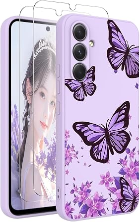 for Galaxy A17 5G with 2 PCS Screen Protectors,Soft Liquid Silicone Anti-Scratch Protective Shockproof Florals Cover Girls Women Samsung Galaxy A17 Purple Butterfly, Galaxy A17 5G
