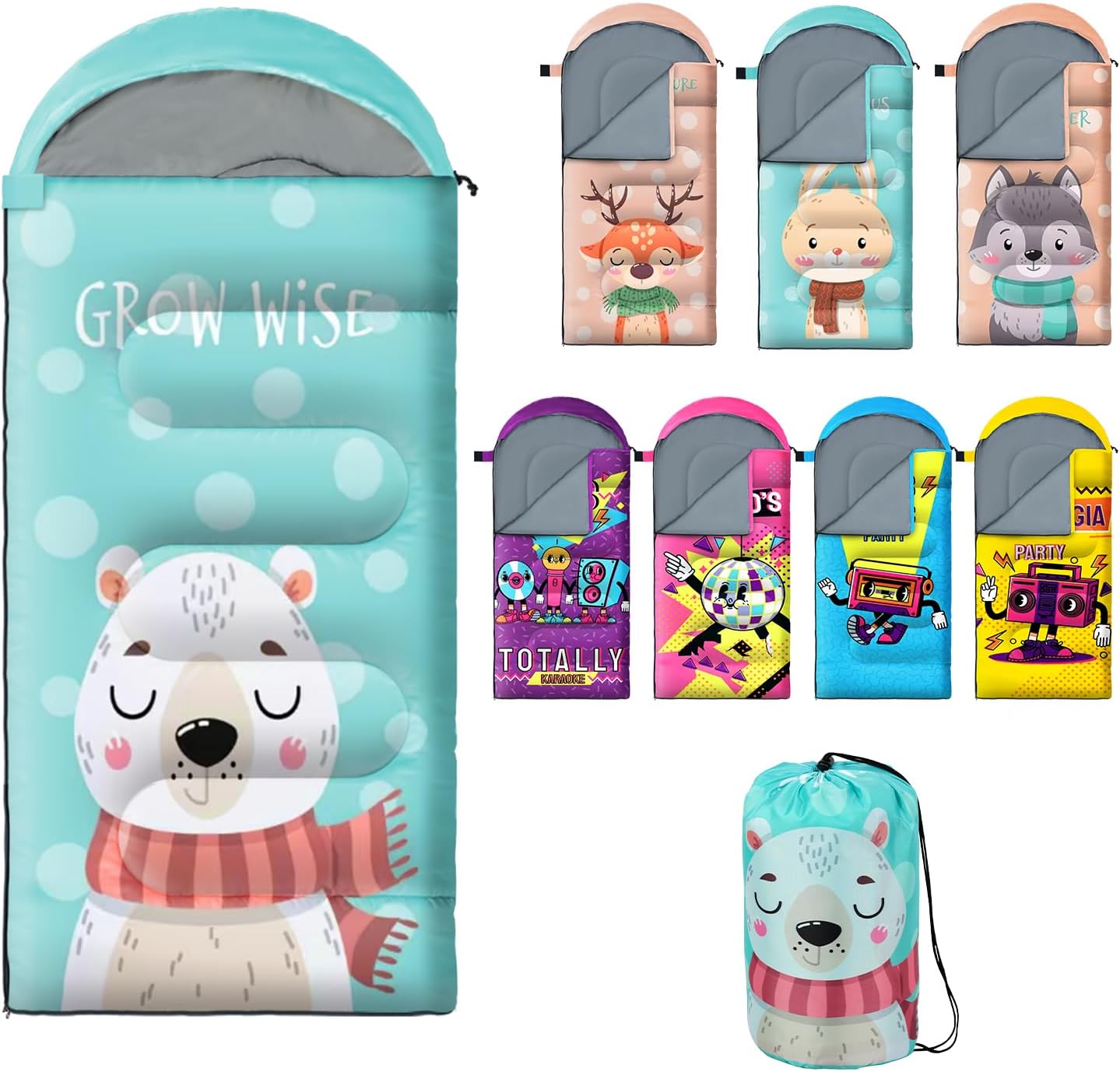 Sleeping Bag for Kids,Portable Camping Sleeping Bags for Boys&Girls with Cute Cartoon Print,Lightweight Waterproof Compact Sleeping Bag for Indoor Outdoor Hiking Travel