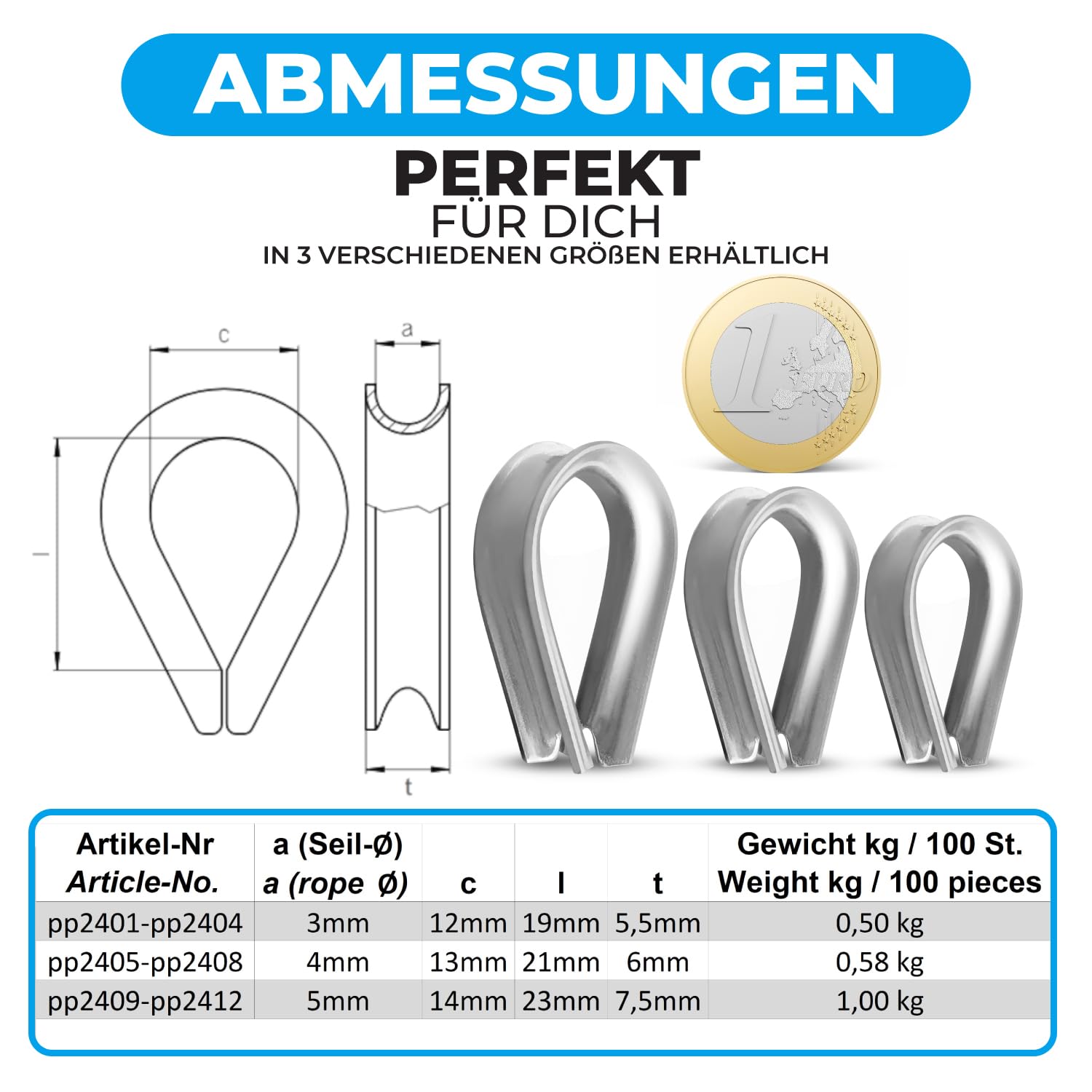 100 guardacables de acero inoxidable de 5 mm, tamaño y número a elegir, acero inoxidable 1.4401 / AISI 316 (V4A)