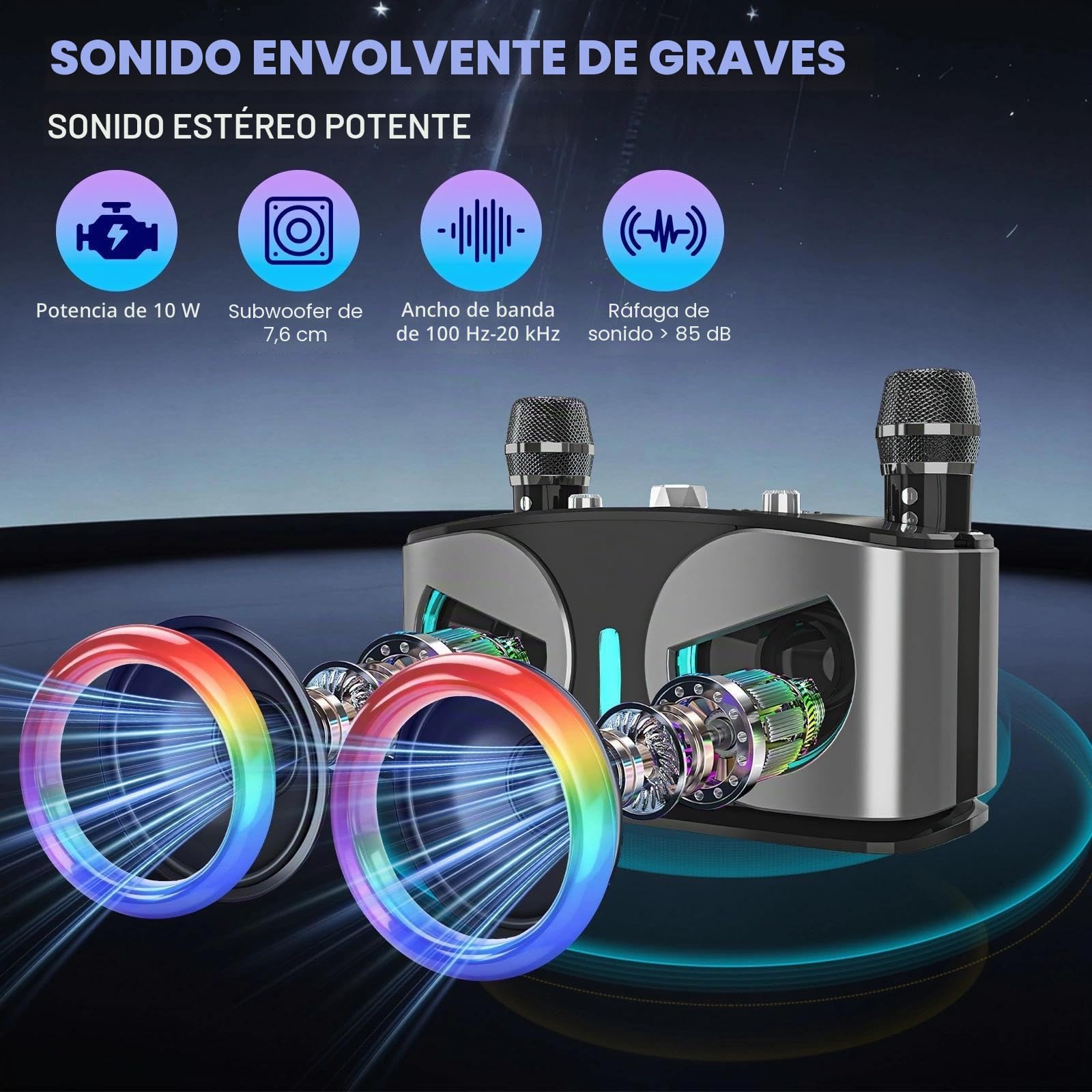 Máquina de Karaoke, con 2 Micrófonos Inalámbricos, Bluetooth 5.3 Sistema de Karaoke Portátil con Luces LED para Fiesta en Casa, al Aire Libre y Boda, Soporta TWS/TF Card/USB/AUX (Negro)