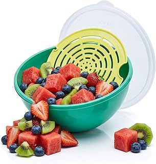 Jokari Watermelon Salad Bowl with Strainer and Lid – Self-Draining Container for Fruit, Vegetables, and Mixed Greens – Includes Nesting Colander Tray and Snap-Tight Storage Lid