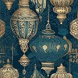 Vintage Teal Green Blue Yellow Lantern Mandala Damask Peel and Stick Wallpaper Contact Paper Vintage Vinyl Stick on Wall Paper for Bedroom Bathroom Kitchen Cabinet Renter Friendly