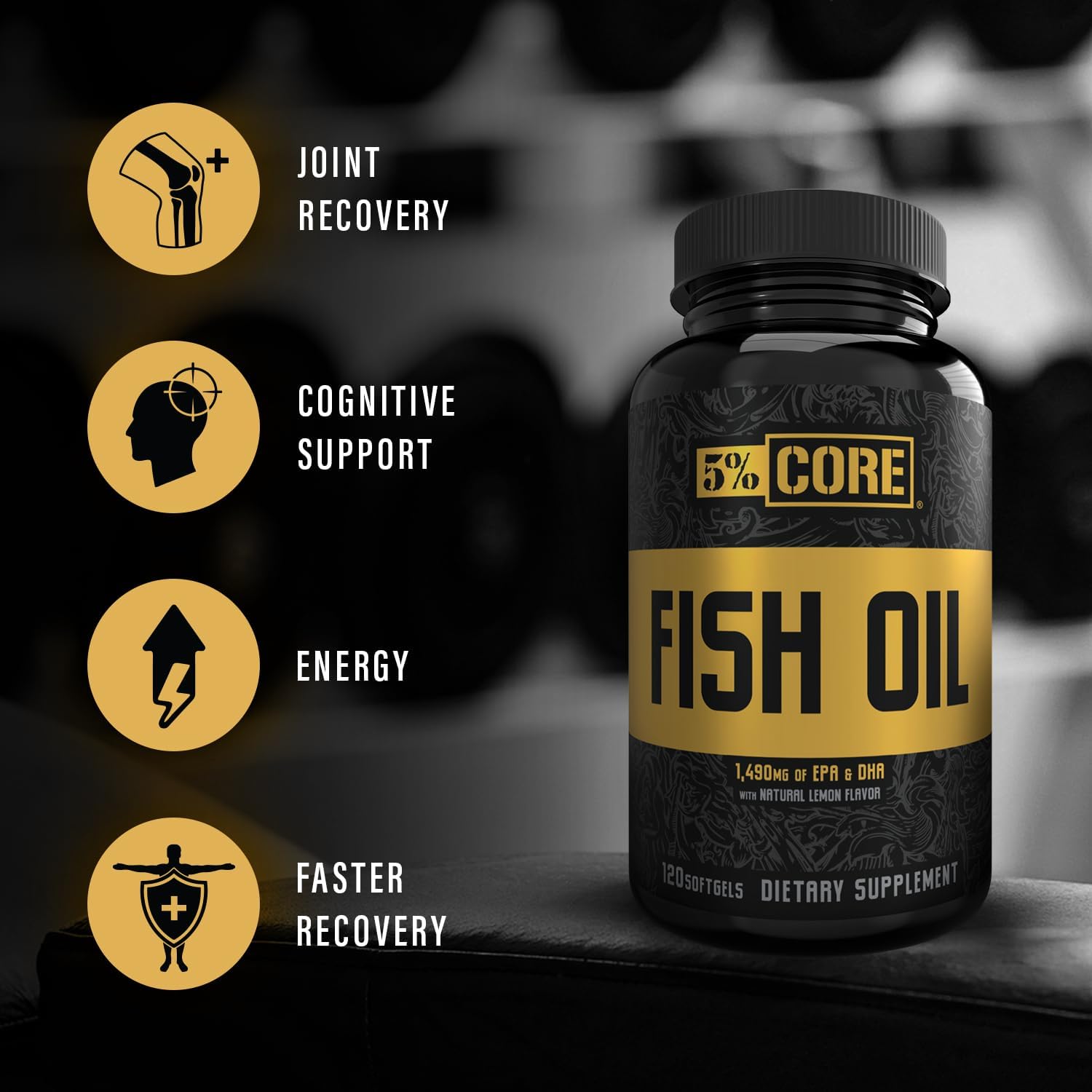 5% Nutrition Core Fish Oil Supplement | 2,500 mg EPA DHA Omega 3 Fatty Acid Supplement | Burpless Fish Oil for Faster Recovery, Joint Support, Heart Health (60 Servings / 120 Softgels)