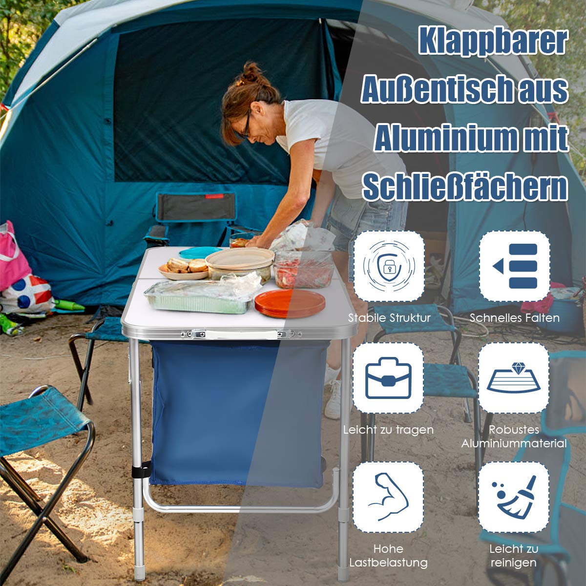 COSTWAY Campingküche mit großem Stauraum, Reiseküche Klapptisch Alu Höhenverstellbar von 53-70cm, Gartentisch Picknicktisch Campingschrank
