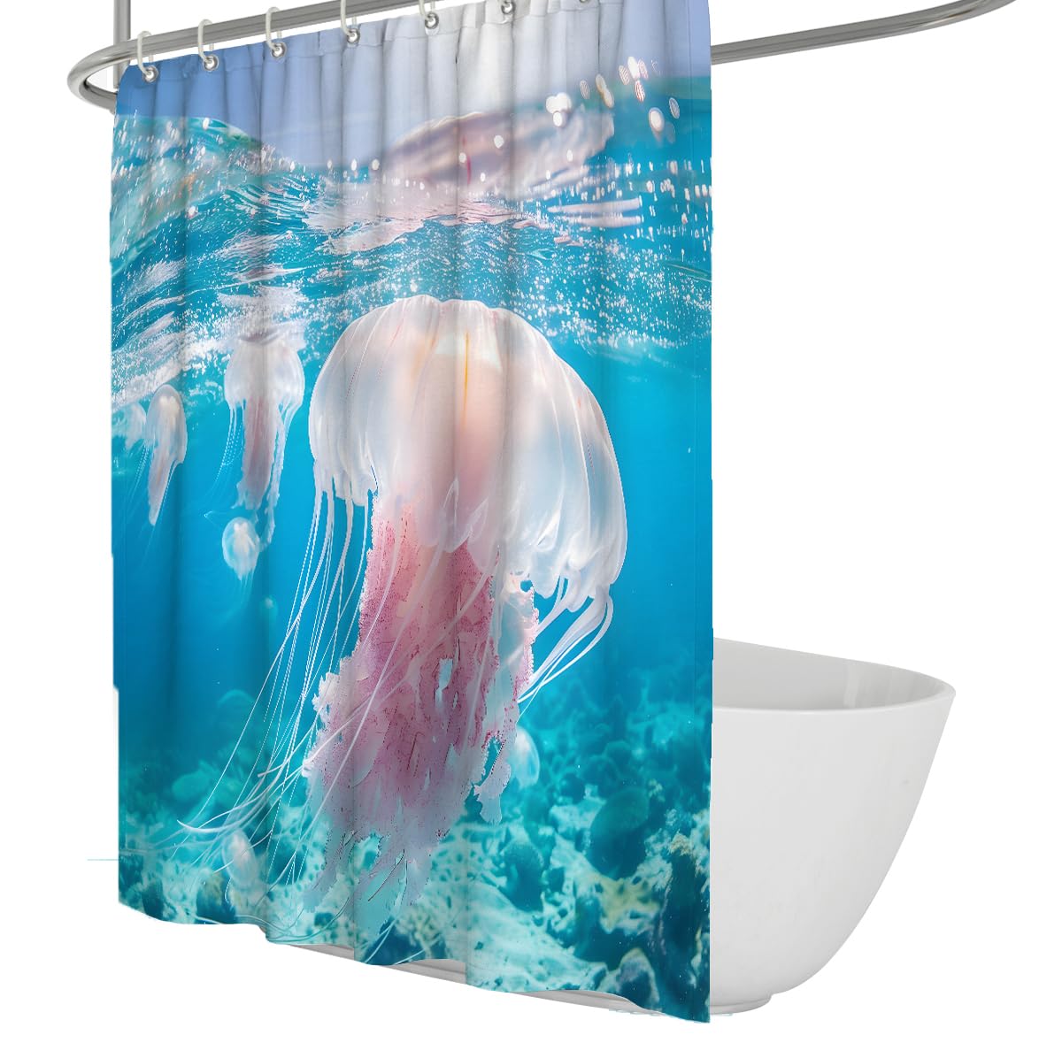 Rosa und weiße Quallen Duschvorhang Meeresleben Ozean-Badezimmerdekoration Wasserdichter Stoff-Badevorhang Schnelltrocknung Polyester mit blauen Haken 150 x 200 cm
