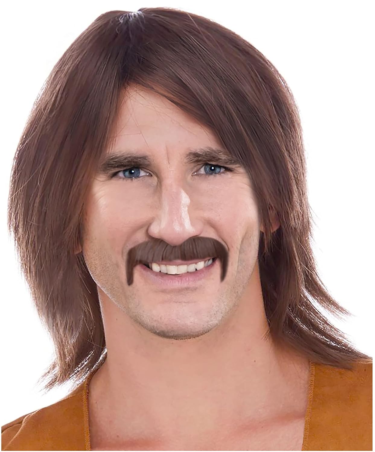 Mens Brown Hippie Wig with Mustache Sonny Wig and Mustache