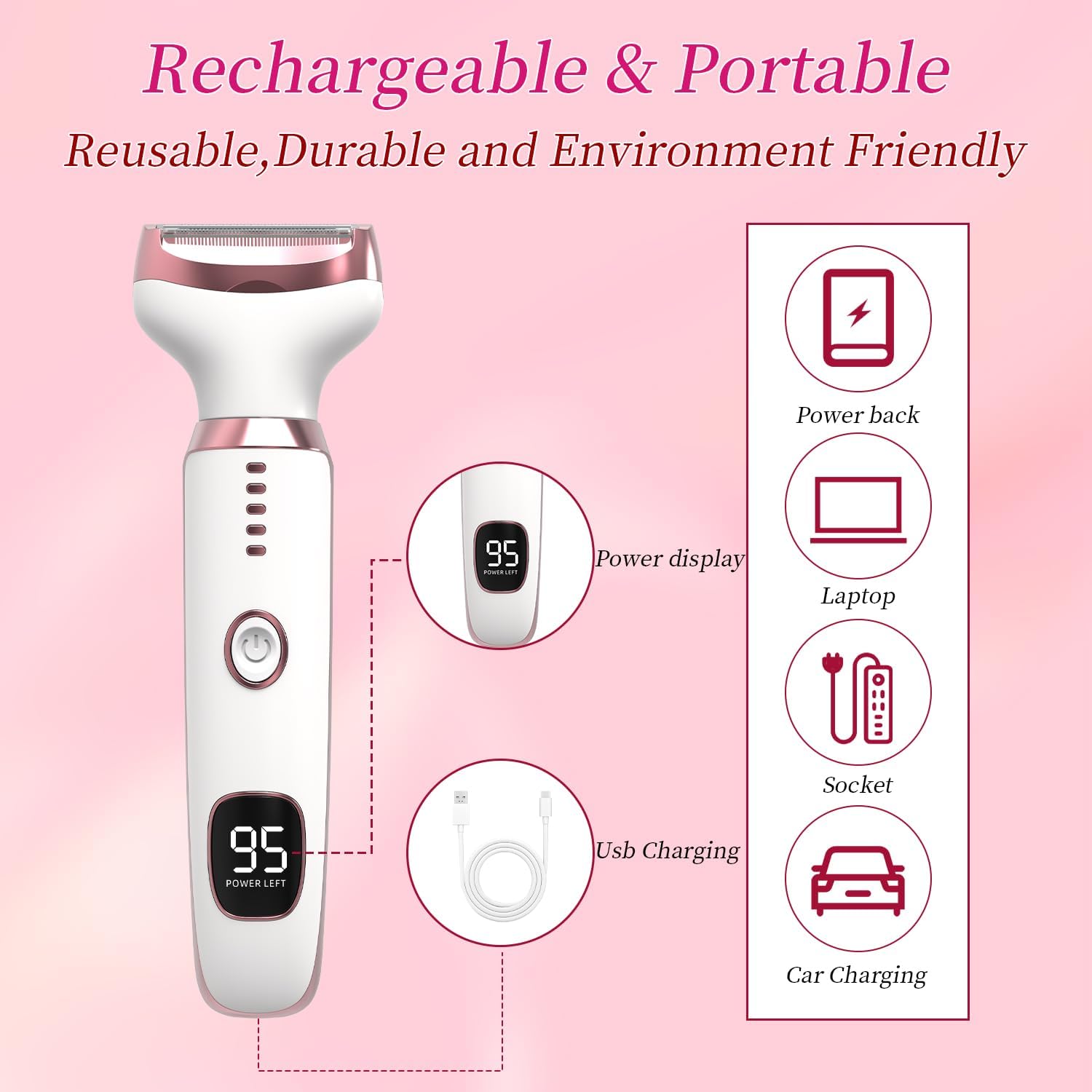 PROHMSIDEA® Bikini Trimmer for Women - 5 in 1 Electric Razors for Ladys Pubic Underarm Facial Nose Body Leg Hair Removal, Wet/Dry for Women Private Area Sensitive Skin,Type C Quick Charge,LED Display