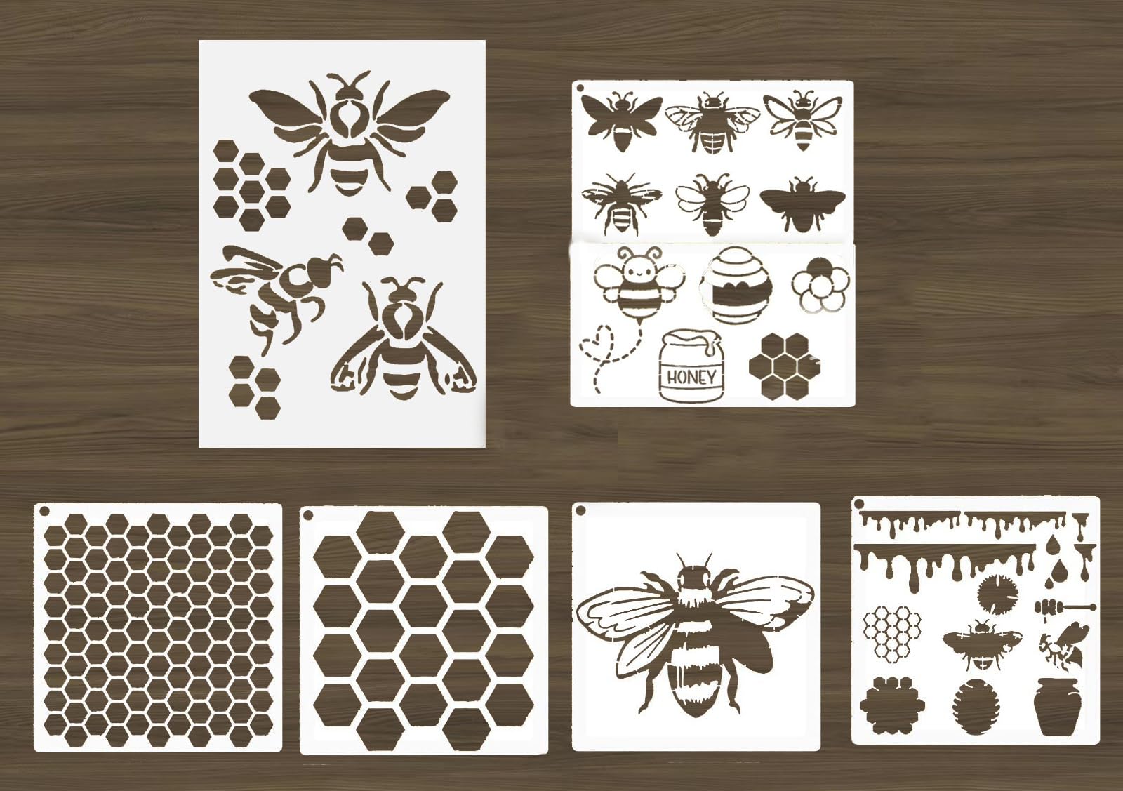 CSTYWC 6PCS Reusable Bee Stencils Bee Honeycomb Stencil for Painting on Wood Signs Furniture DIY Crafts Wall Canvas Fabric Plastic Drawing Template for Painting on Wood Tile Paper Fabric Floor Wall