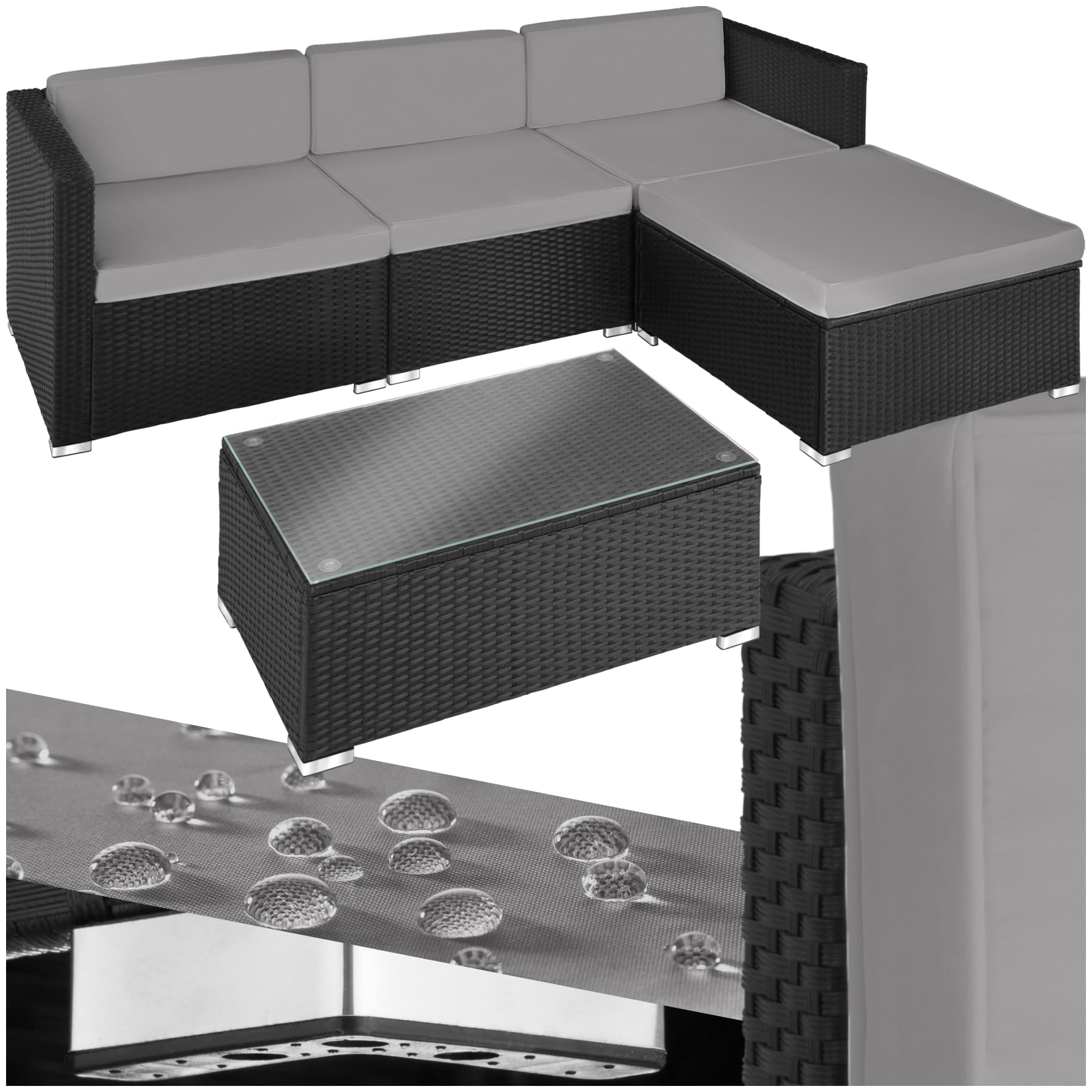 TecTake® Conjunto Jardín de Ratán Cojines Grosor 8 cm, Muebles Jardín Exterior 3 Sillones, 1 Mesa con Cristal, 1 Taburete, Conjunto Terraza Resistente a la Intemperie, Bastidor en Acero - Negro/Gris