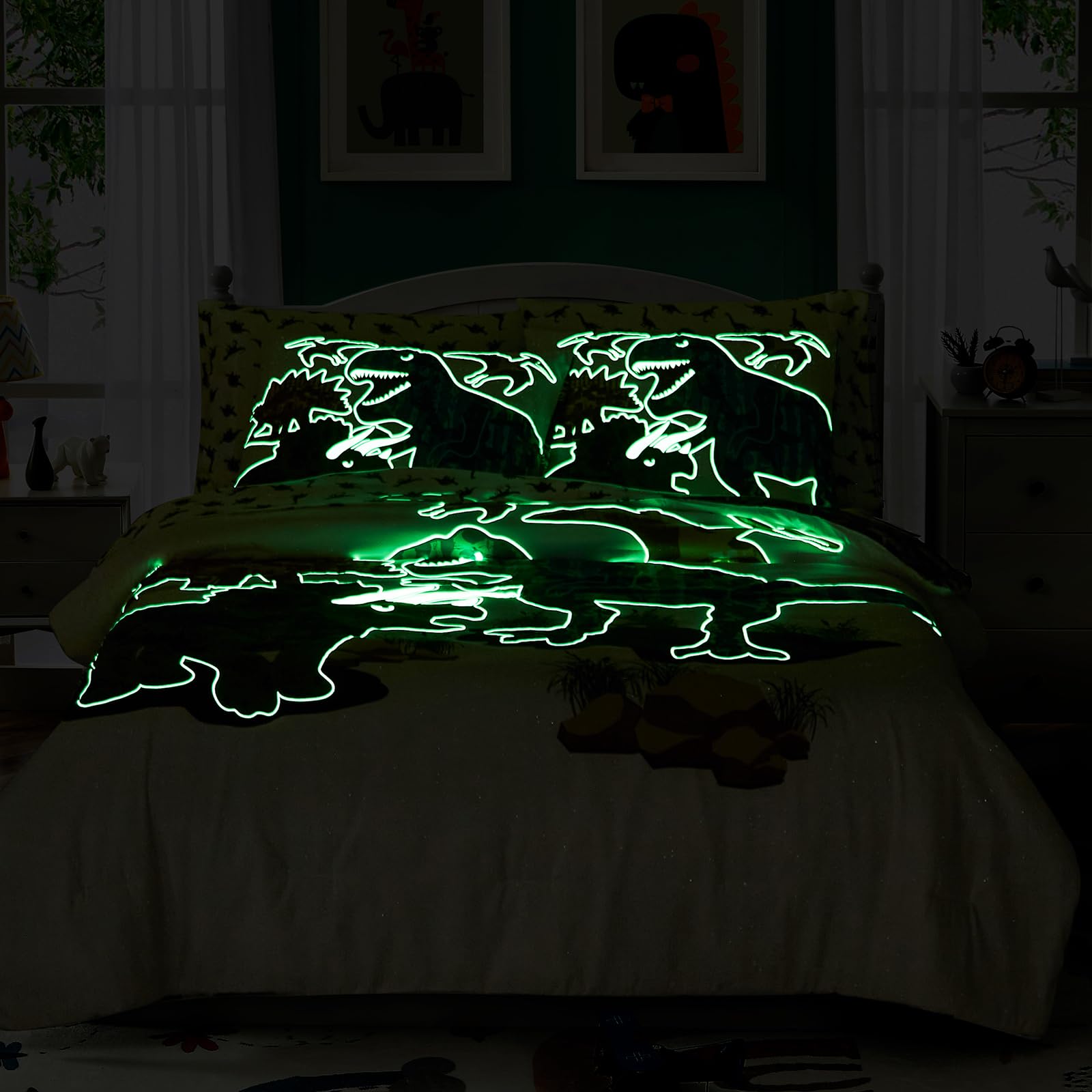 Wink Deer Twin Comforter Set for Boys-5 Pieces Dinosaur Glow in The Dark Twin Bedding Sets for Kids, Ultra Soft Bed in A Bag with Sheets