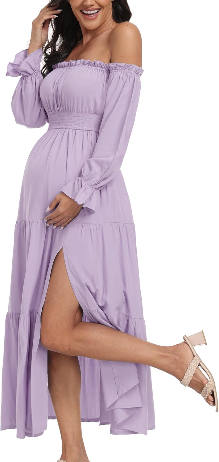 Summer Boho Off Shoulder Maternity Dresses, Long Sleeve Side Split Flowy Tiered Maxi Dress for Baby Shower Photoshoot Dress Purple M