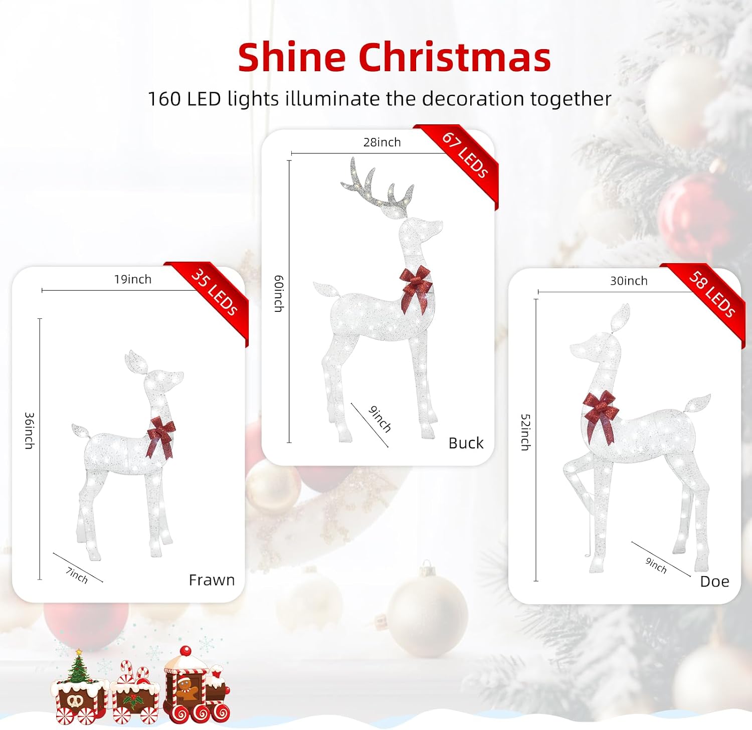 HOYECHI 5 FT Oversized Christmas Decorations Outdoor Lighted Reindeer – 3-Piece 2D Deer Family Set with 160 Warm White LED Lights for Yard, Lawn, Garden & Porch Holiday Display - White image 2
