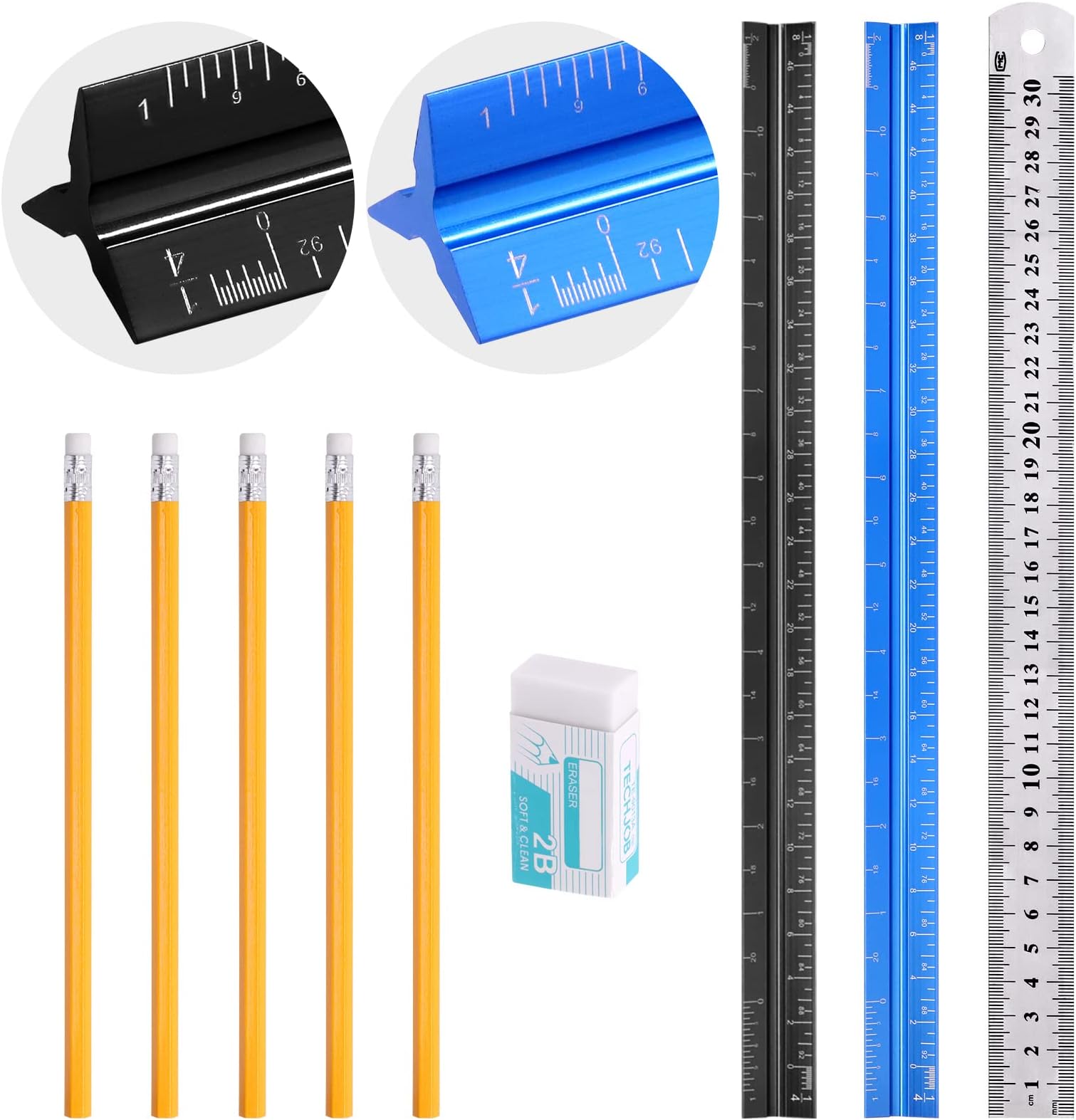 Tanstic 9Pcs Architectural Triangular Scale Ruler Set, 12 Inch Aluminum Scale Ruler Metal Ruler with Pencils and Eraser, Professional Architectural Drafting Ruler Tool