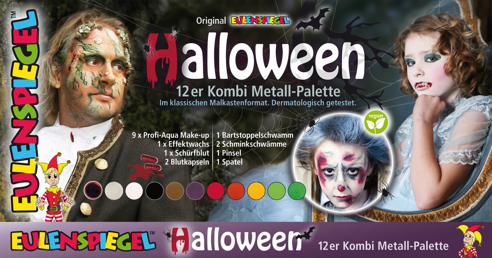 Eulenspiegel 212301 - Schminkpalette Halloween, 9 Profi-Aqua Make-up Farben, Blutkapseln, Schürfblut, Effektwachs, 3 Schwämme, Pinsel, Spatel, Kinderschminke