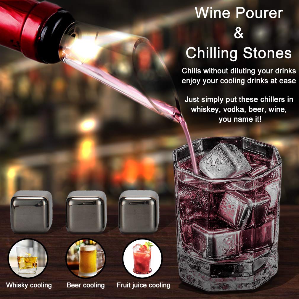 Juego de regalo eléctrico para abridor de vino, piedra de whisky, regalos para amantes del vino con accesorios de vino de sacacorchos automático, cubo de hielo de metal, vertedor de vino, cortador de 6