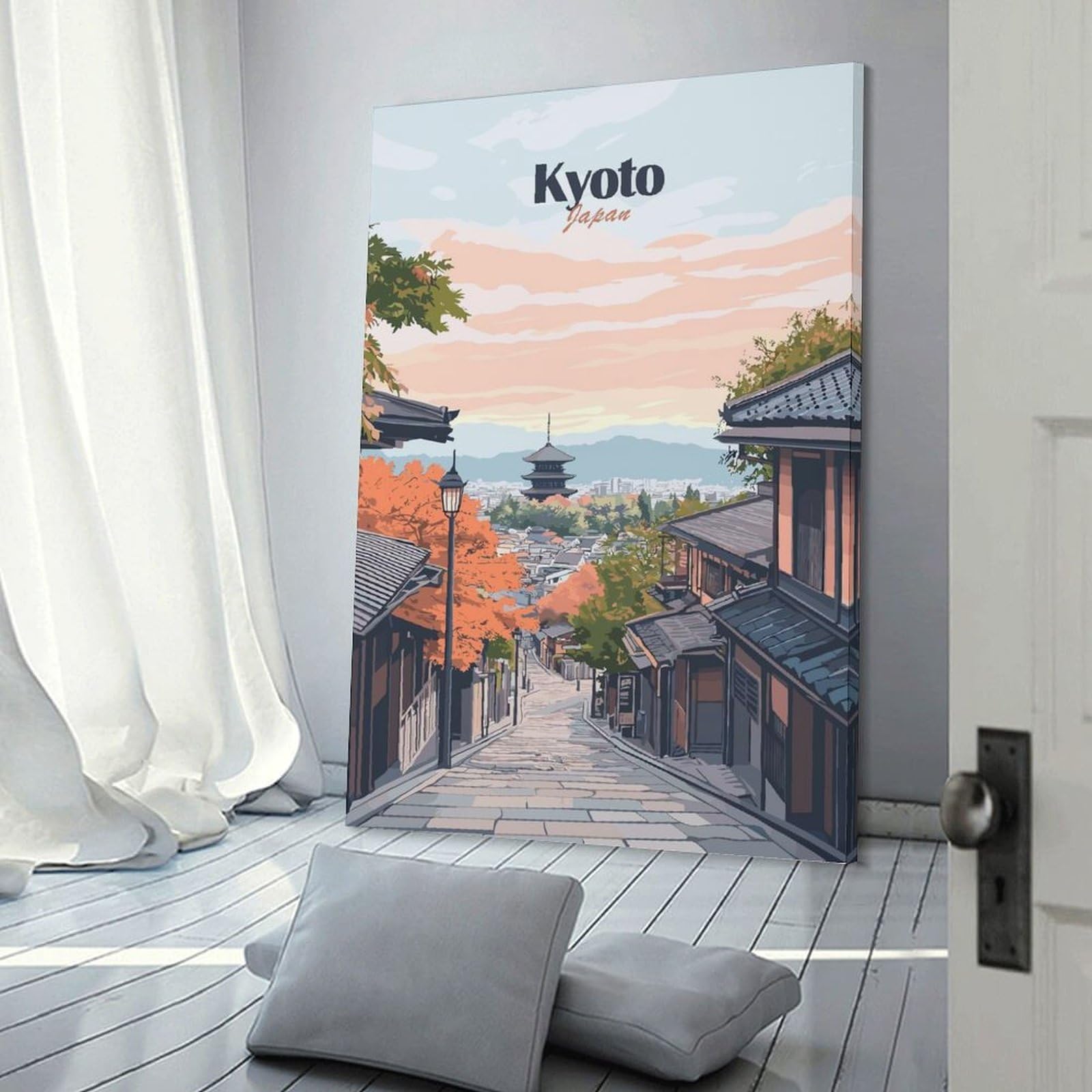 Junmoney Kyoto Japan Illustration Wall Art Print 24x36inch(60x90cm), for Lounge, Study, Hallway Or Flat Walls, Decorative Artwork with Broad Appeal