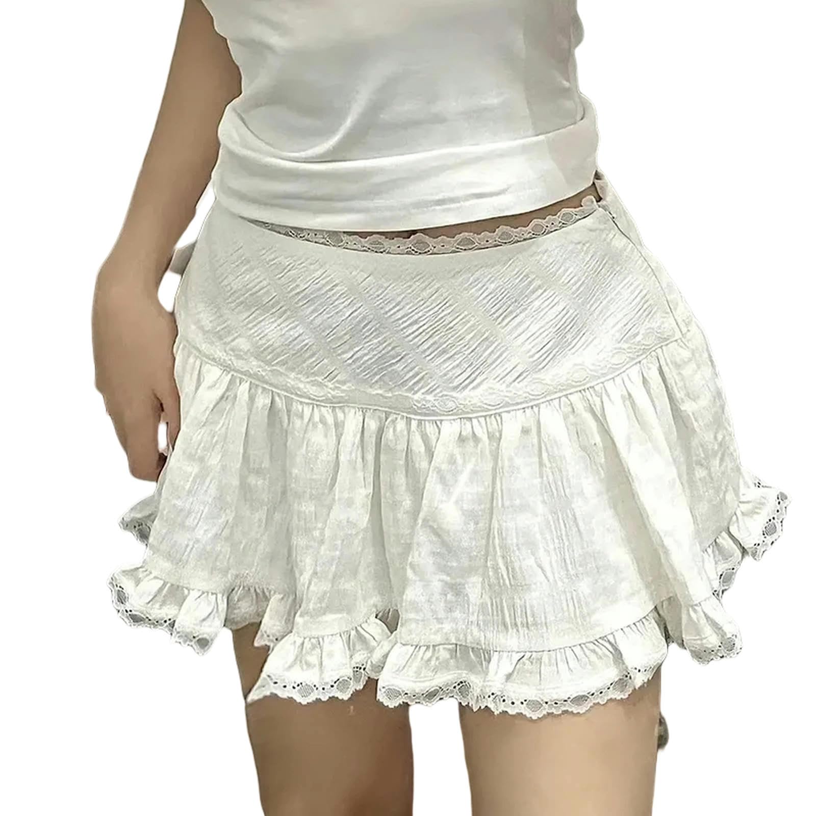 Falda Larga Mujer Cintura Elástica Elástica De La Mujer Caleza Corta con Estampado Floral Falda De Patinador Plisado con Cordero-Blanco-SG